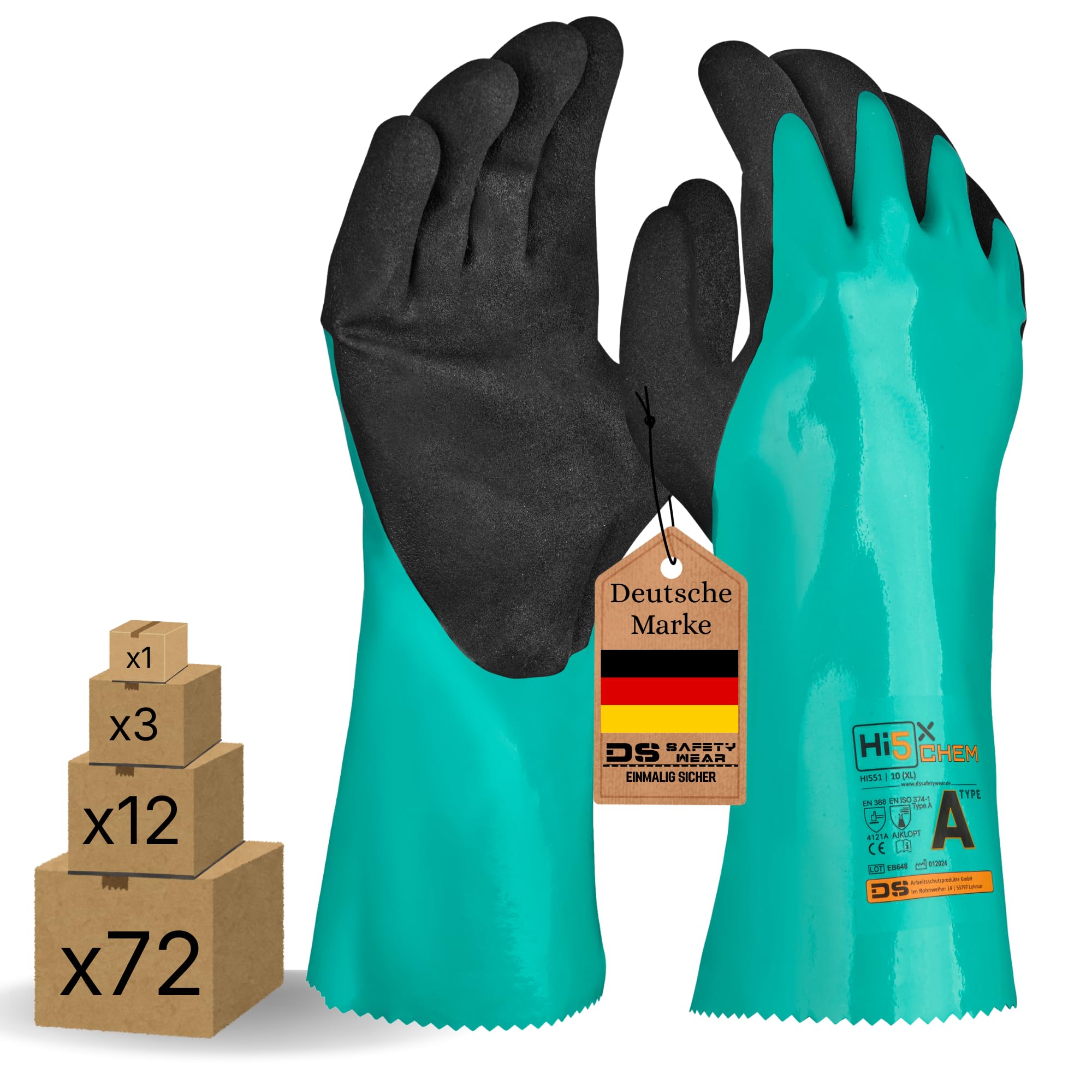 Hi5 X-Chem Chemikalienschutzhandschuhe 4121A – Typ A AKLOPT – Nitril sandy beschichtet – vollbeschichtet – EN 374-1 – EN 388 – grün/schwarz (XL, 72, stück)