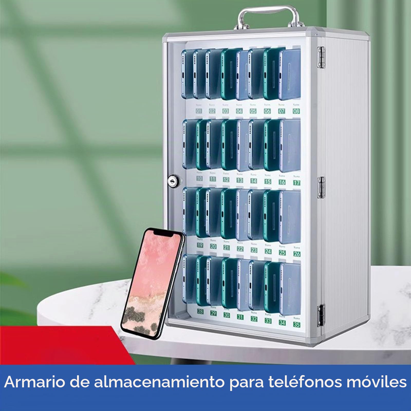 Armario para teléfono móvil con asa, cerradura, montaje en pared de aluminio o de gestión de escritorio, adecuado para escuela, oficinas (color plateado, 12 ranuras)
