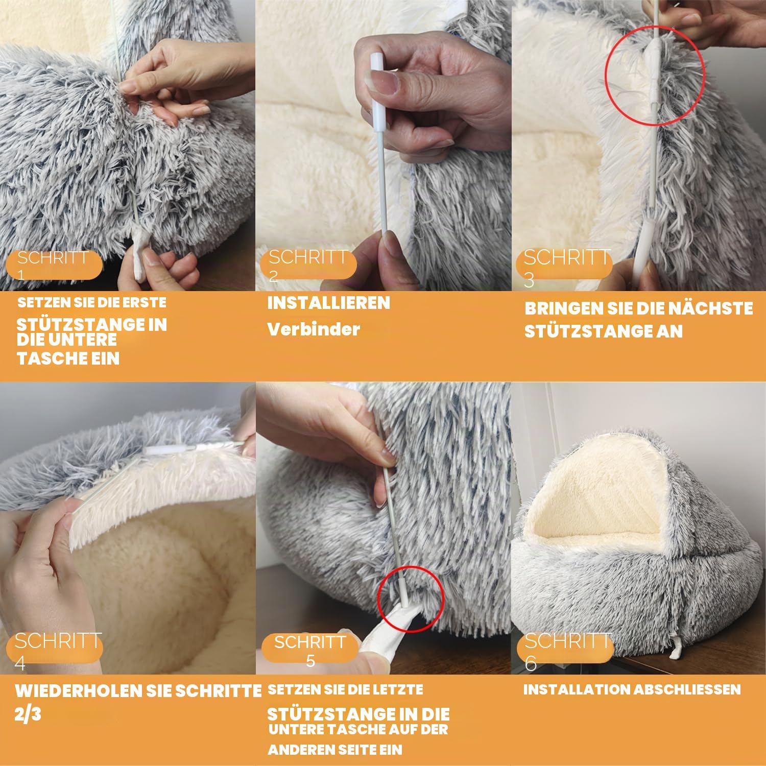 SUOXU Hundebett mit Kapuze und Stützen, Deluxe-Plüsch-Hundehöhlenbett für mittelgroße und kleine Hunde, beruhigendes Anti-Angst-Haustierbett, Abnehmbarer, waschbarer Bezug und rutschfeste Unterseite
