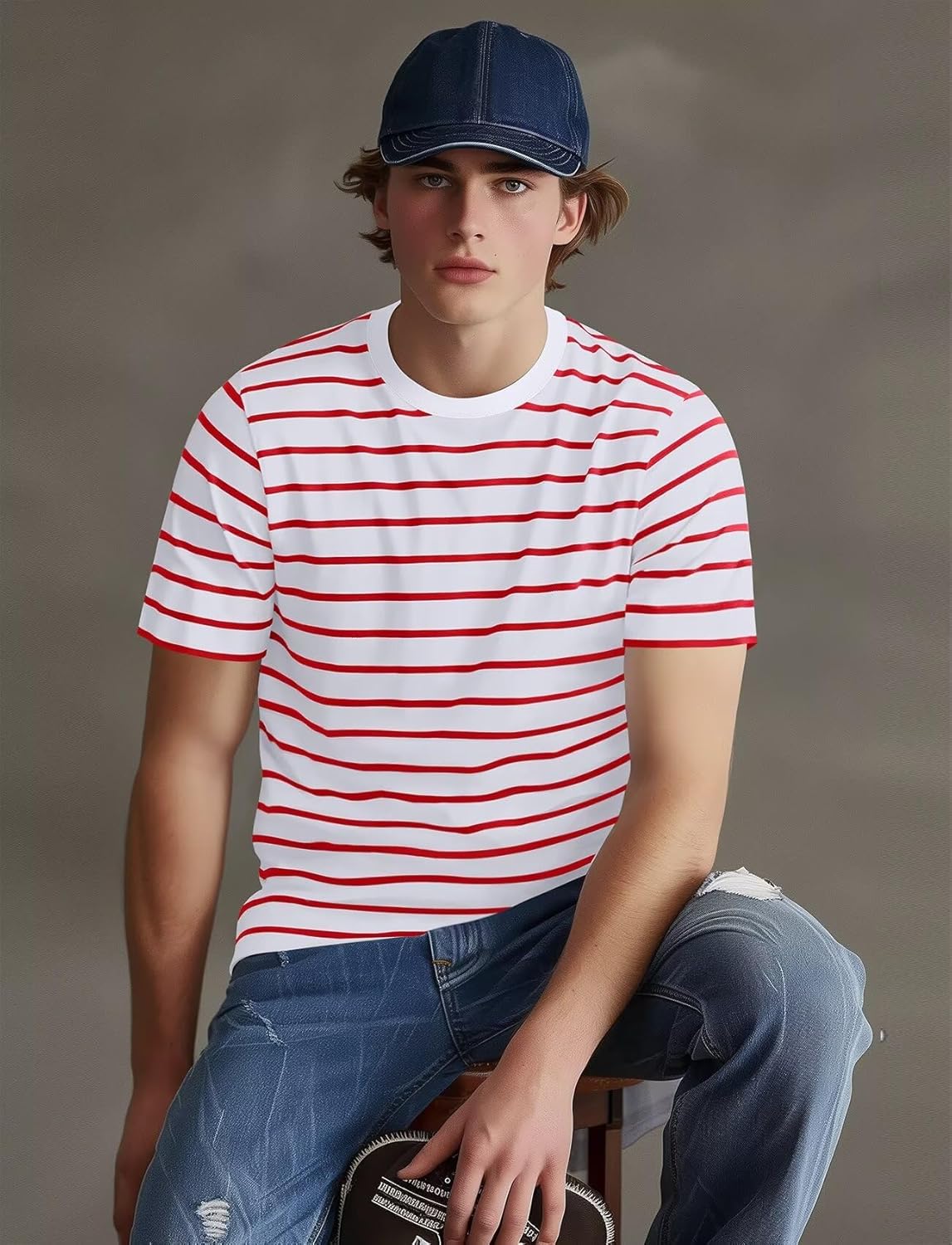 Zengjo Mens Striped T-Shirt Short Sleeve Crewneck Classic Horizontal Stripe Tee Top - Image 2