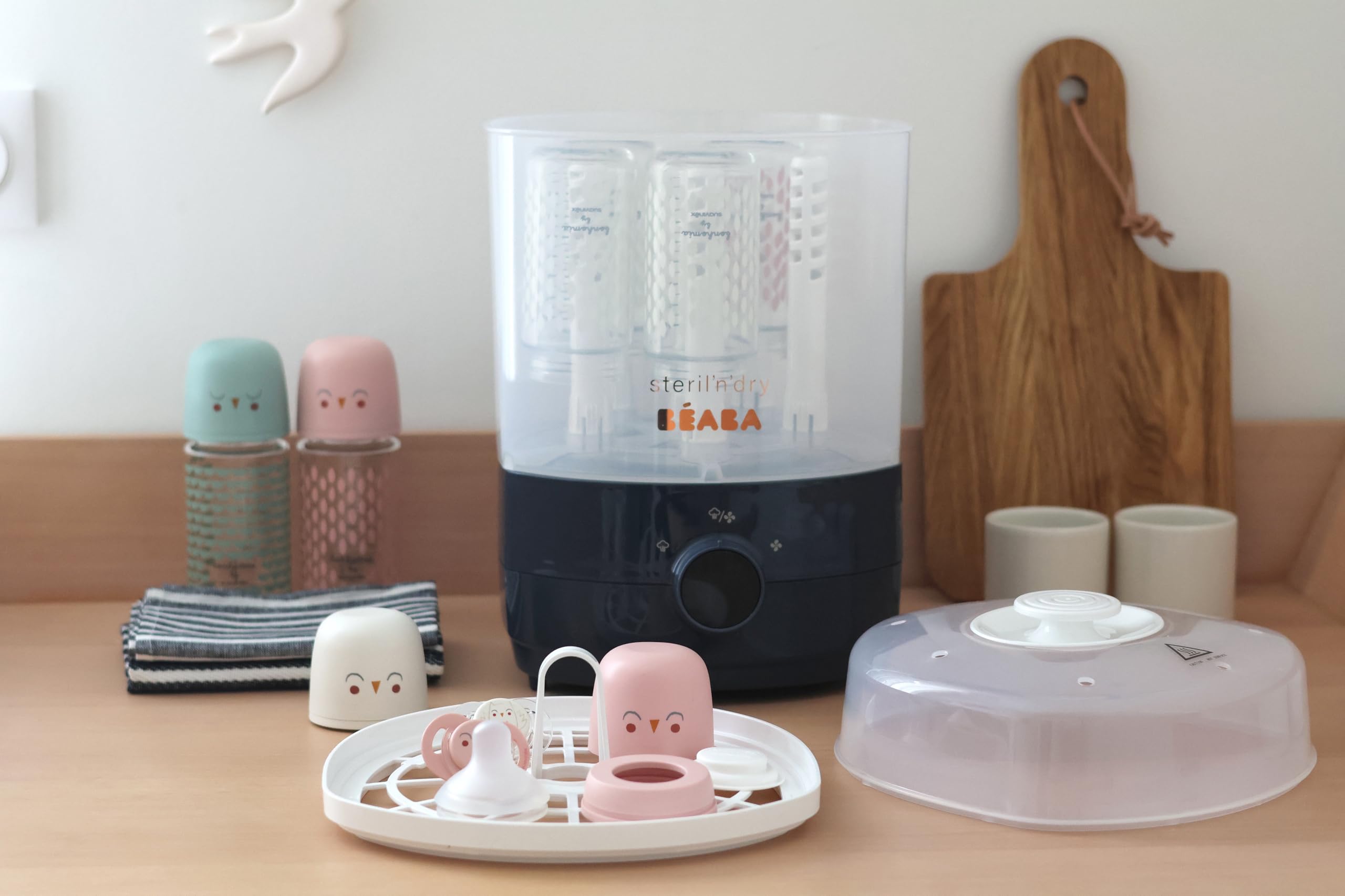 Béaba Esterilizador Secabiberones y Accesorios 2 en 1, 2 Compartimentos, 3 Modos, Elimina el 99.9% de las Bacterias, Gran Capacidad, Sin Filtro, Modular, Sencillo y Rápido, Steril'n'Dry, Azul Noche