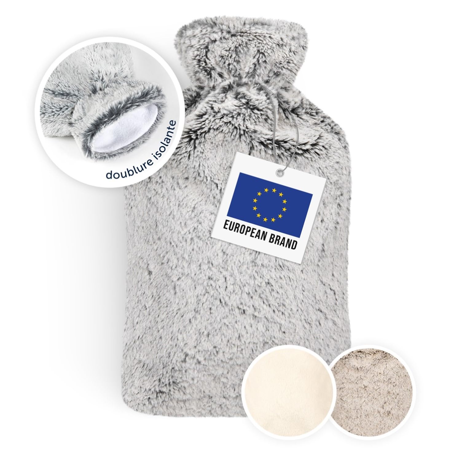 Blumtal Bouillotte Eau Chaude Premium avec Poche et Housse en Peluche Douce – Caoutchouc Naturel, Bouillotte pour Règles Douloureuses – Housse Douce, Gris