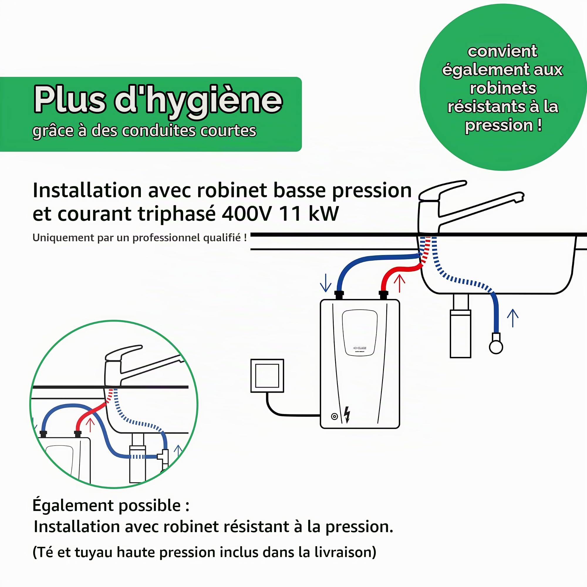 CLAGE CDX11-U 2400-26613 Chauffe-eau électronique compact pour la cuisine 11 kW 400 V Design fin pour montage sous évier Certifié VDE-GS