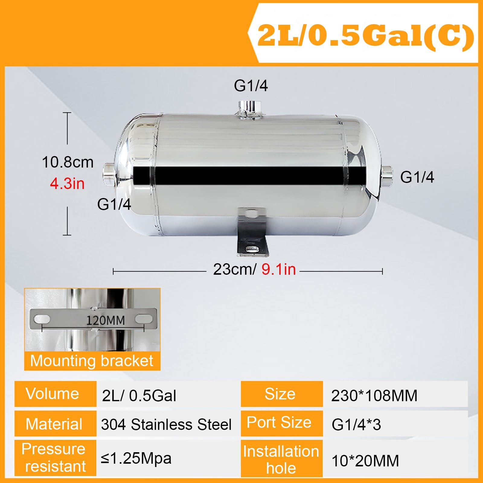 réservoir d'air Réserveur d'air en acier inoxydable, Réservoirs de stockage de gaz à haute pression pour usine/laboratoire, pour l'équipement d'automatisation(2L/0.5Gal (Style C))