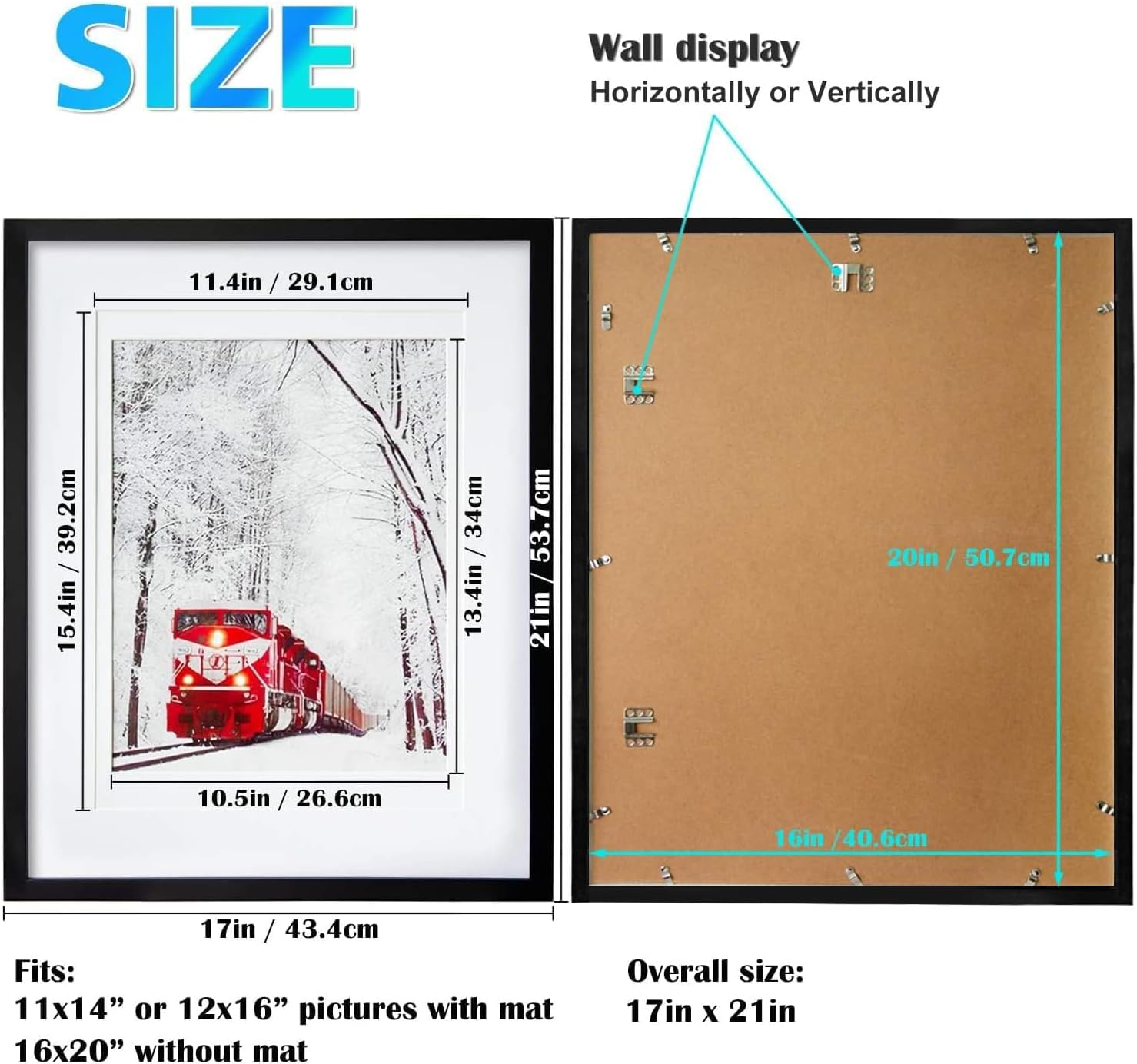 Egofine 16x20 Solid Wood Picture Frame, Made of Solid Wood Covered by Plexiglass 11x14/12x16 with Mat 16x20 without Mat, Poster Frame for Wall Mounting Photo Frame Vertically or Horizontally, Black