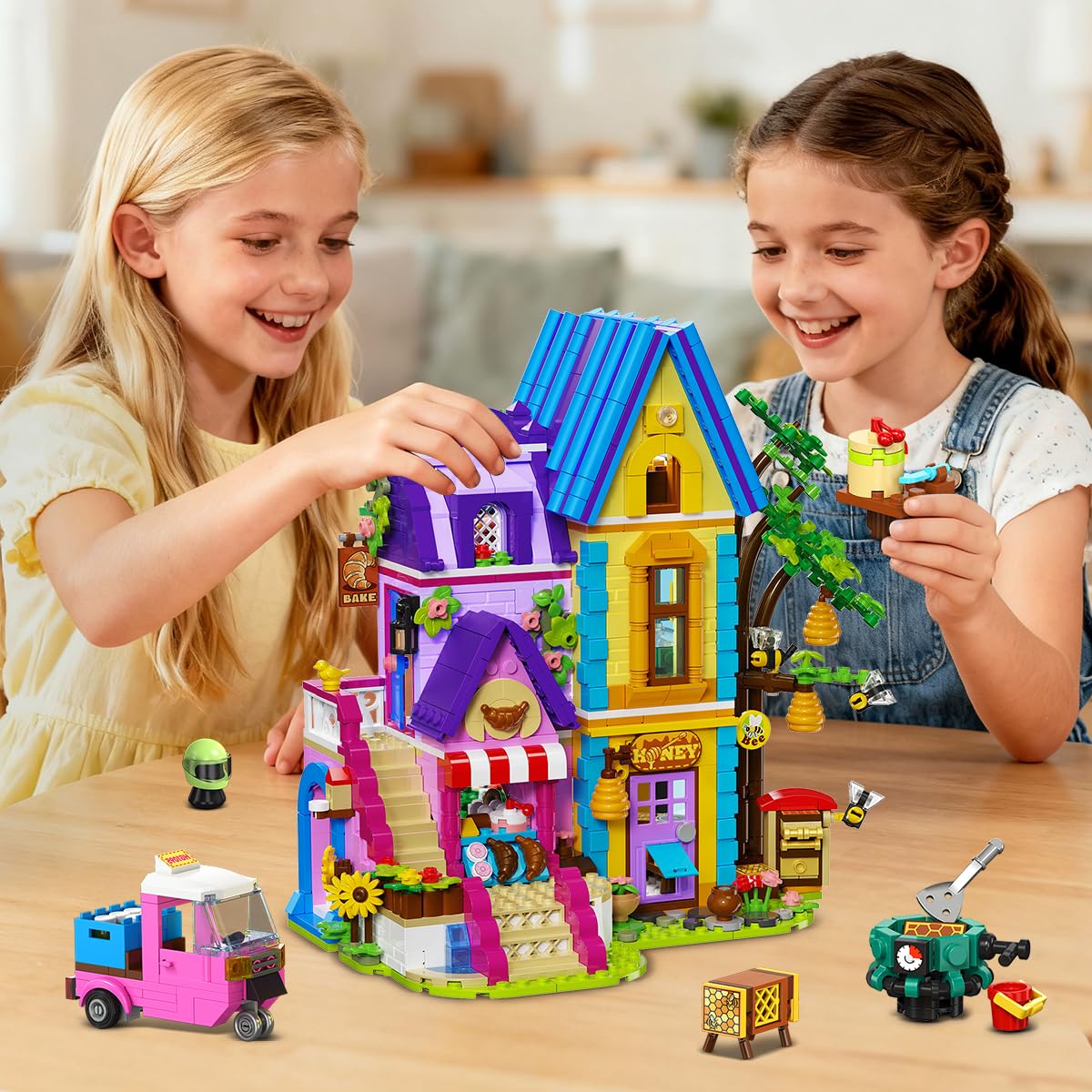 HOGOKIDS Maison d’Apiculture et de Boulangerie avec Lumière LED – Set de Construction 1084PCS Friends Filles, Jeu d’Imitation, Cadeau d’Anniversaire ou de Noël pour Enfants Filles Garçons 8-12+ Ans