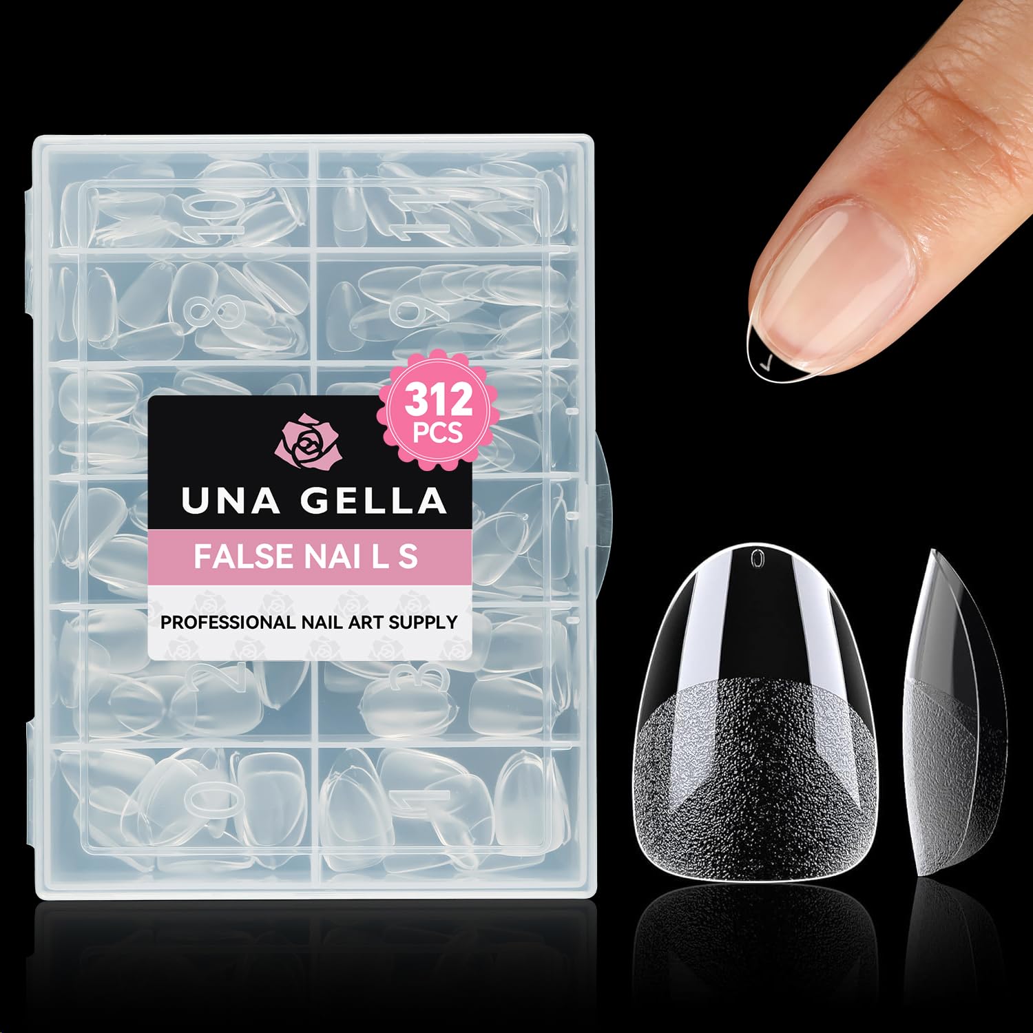 UNA GELLA Extra Short Nageltips für Gelnägel, 312 Stück, XS Mandel Nagel Tips, soft Gel, halb-matt, Full Cover, klar, vorgeformt, kein Feilen nötig, Nagelverlängerung DIY & Studio