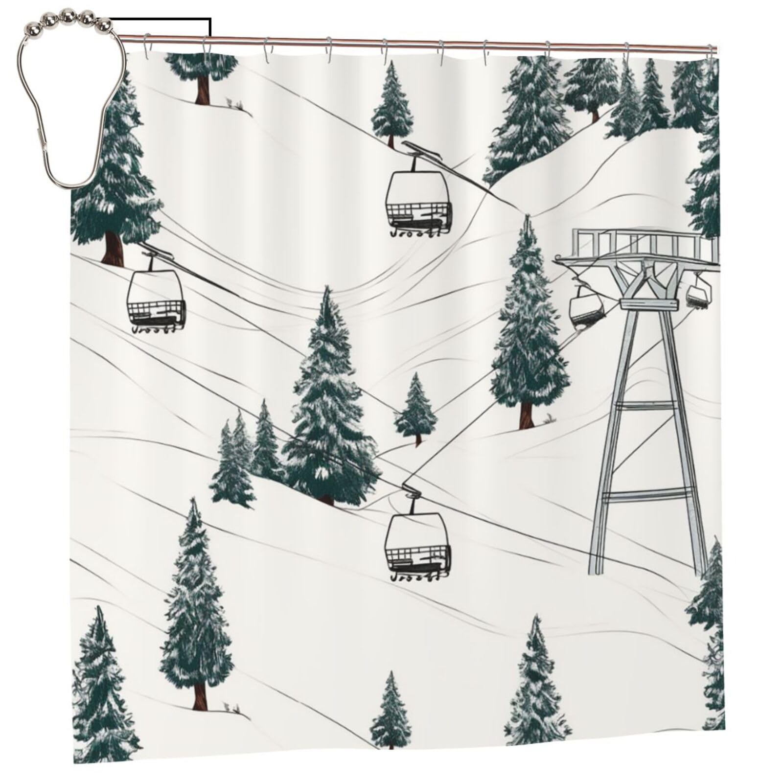 FodPand Ski Lift with Fir Tree Shower Curtain 70"x70" Waterproof Long Bathroom Curtain Heavy Duty Thick Cloth Bath Curtain Set with Hooks, Modern Abstract Art Pattern Bathroom Shower Curtains
