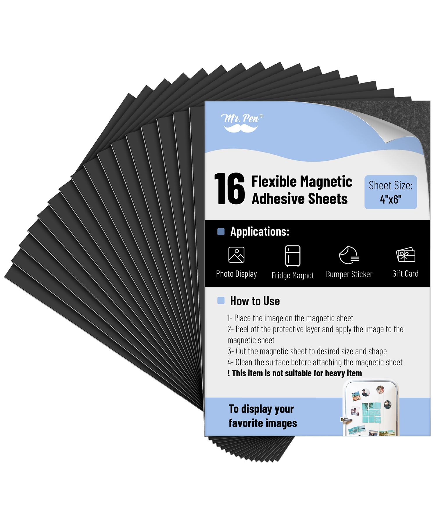 Mr. Pen- Adhesive Magnetic Sheets, 4" x 6", 16 Pack, with Adhesive Backing, Flexible Picture Magnets, Cuttable Magnetic Sheets
