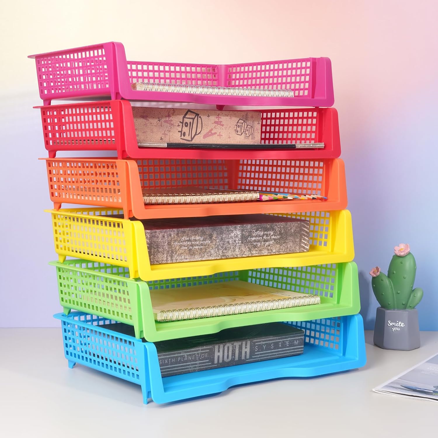 ZZYFGH 6 Pack in Trays for Teachers, Plastic Classroom Paper Organizers, Colorful Storage Baskets for Office, Stackable Office Desktop Document Paper Storage(13.4 * 9.5 * 2.7in)