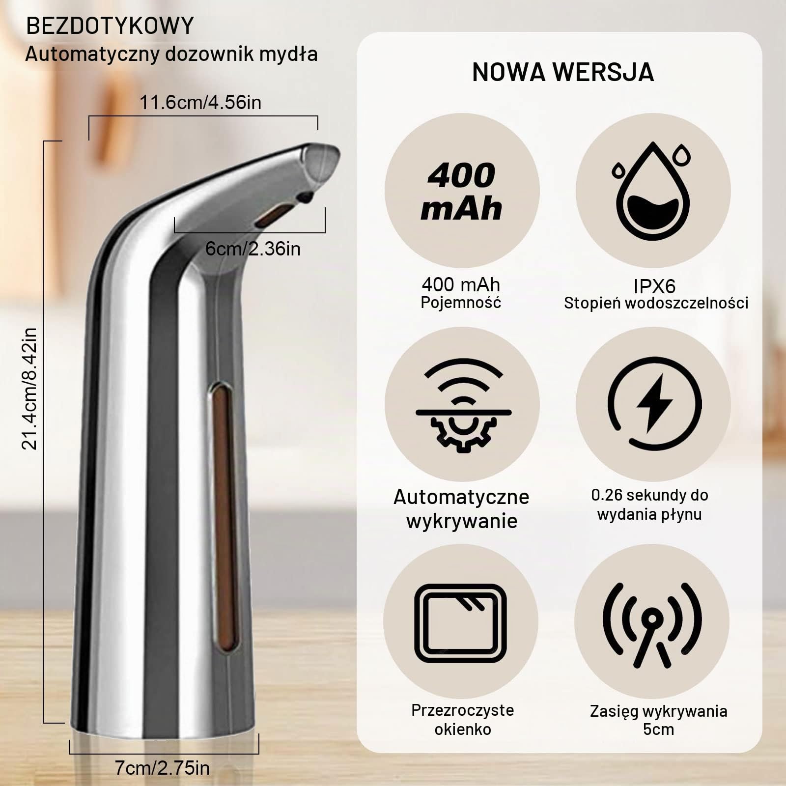 Automatyczny Dozownik Mydła, 400 ml, Niekontaktowy, Elektryczny z Czujnikiem, do Mydła Piankowego, do Kuchni, Łazienki