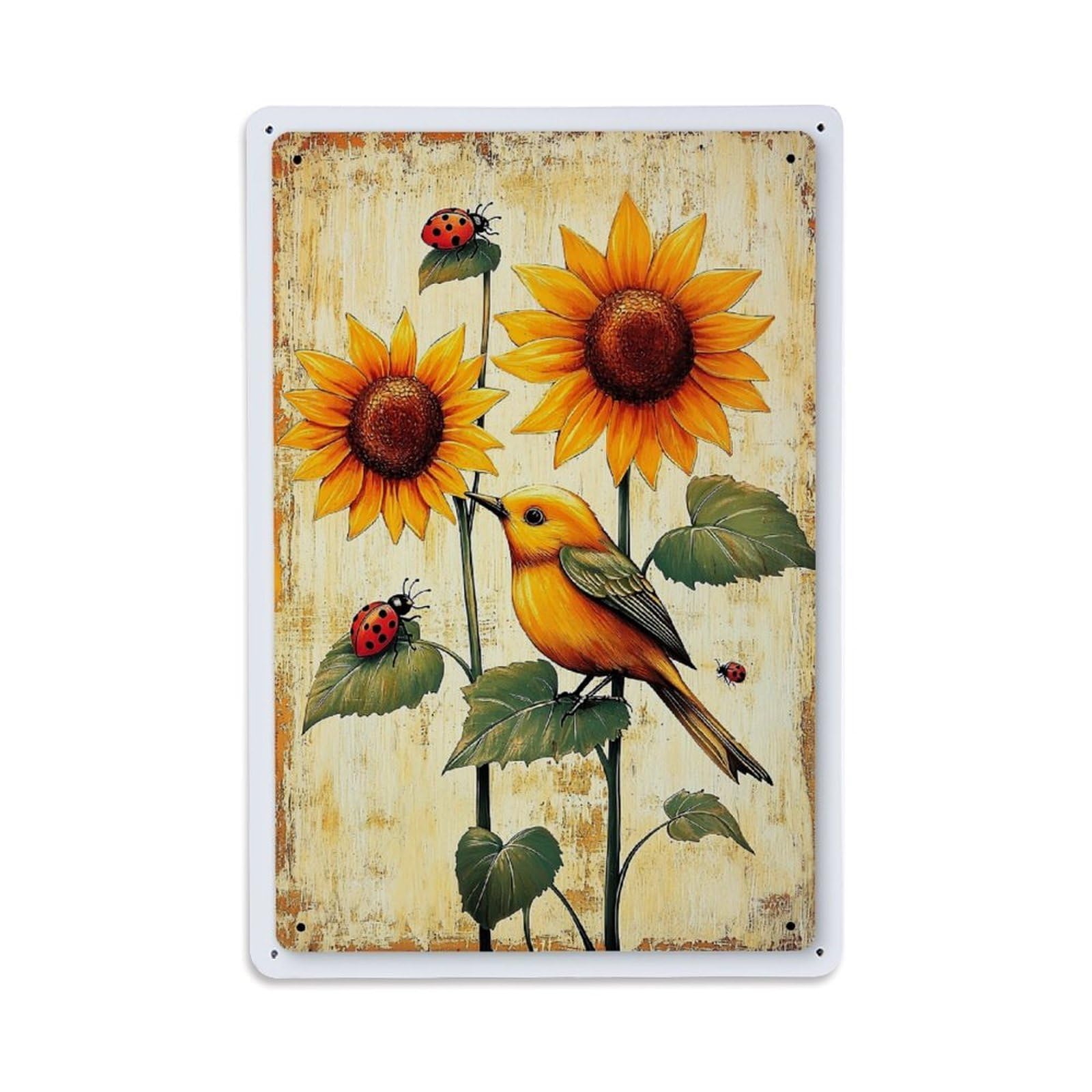 Jdfenggu Vintage Sunflower Bird Ladybug Nature Art Retro Metal Tin Sign, Decor Art Poster For Bar, Home, Man Cave, Kitchen, Laundry Room Gift 8X12inch