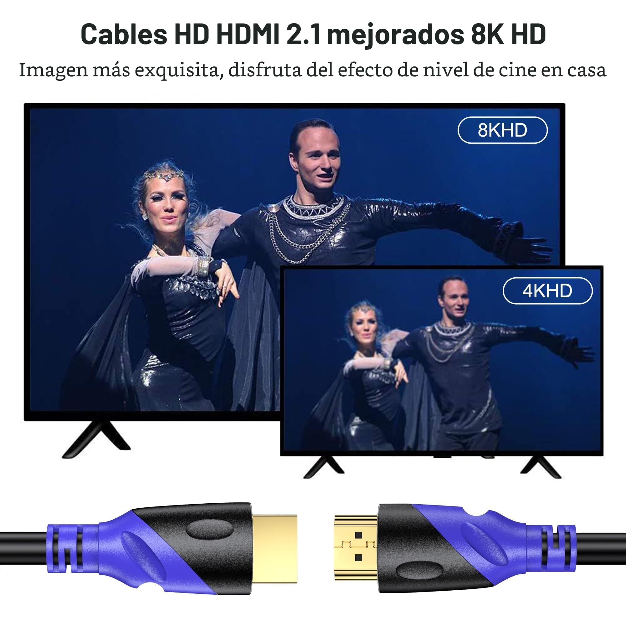 Cable HDMI 8K/4K 2M (HDMI 2.1,48Gbps,8K@60hz,4K@120hz) Conectores chapados en oro de ultra alta velocidad, Retorno de audio Ethernet, Video 4K, FullHD1080p 3D Compatible con Playstation Arc PC HDTV