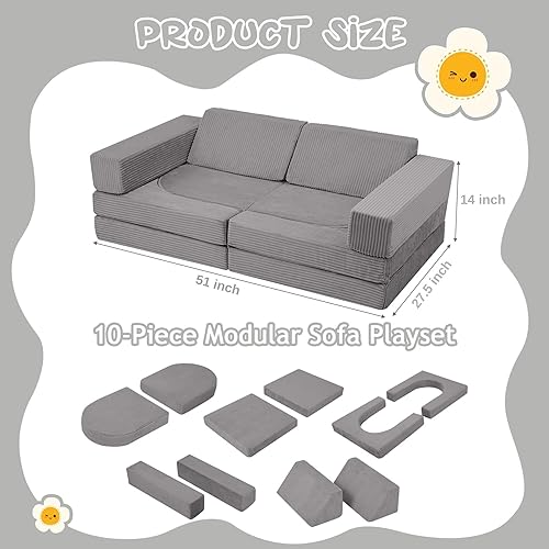 Miniatura 2 de MeMoreCool Sofá infantil para sala de juegos, sofá modular de 10 piezas, sofá convertible de pana, juego de construcción de fuerte de espuma para