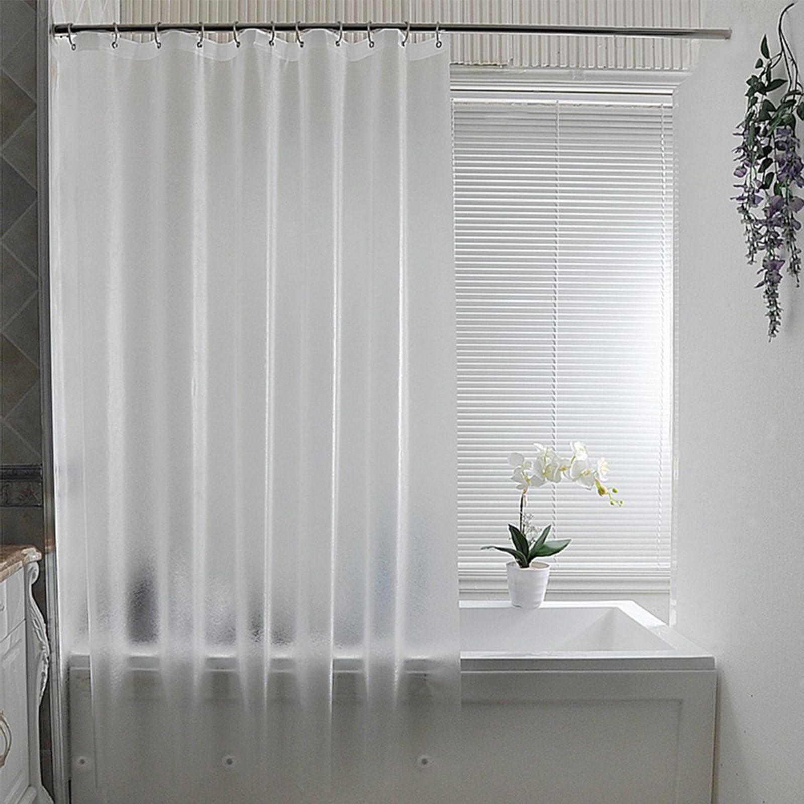 ECO Shower Curtain 180x180cm, Semi Clear PEVA Waterproof Heavy Duty With 3 Magnets, 12 Plastic Hooks, Mould Proof