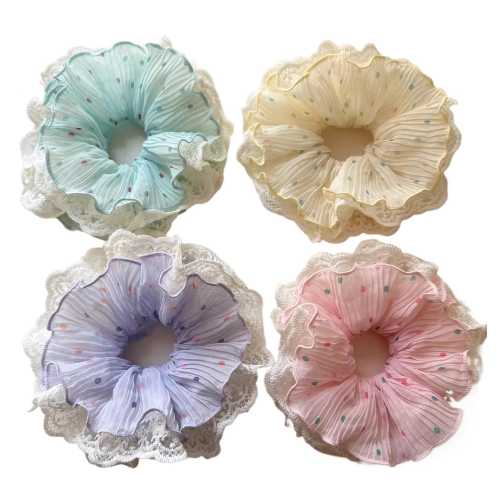Punkt-Spitzen-Haargummis, süße, gerüschte, plissierte Chiffon-Haargummis, weiche elastische Bänder(4pcs)