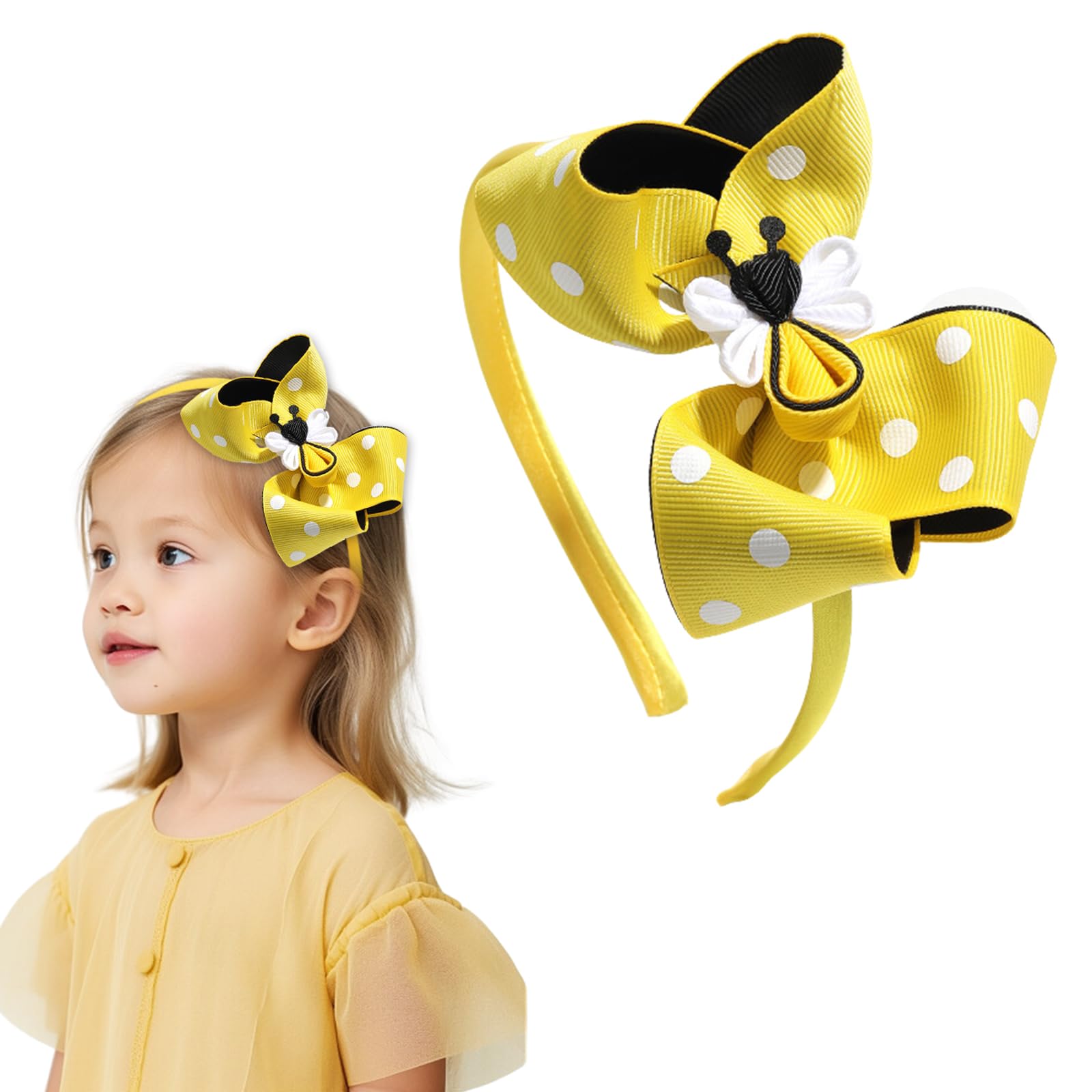 AIUPUOC Diadema de lazo amarillo para niñas, bonitos accesorios para el cabello con diseño de abeja, aro grande y decoraciones para el cabello para primavera
