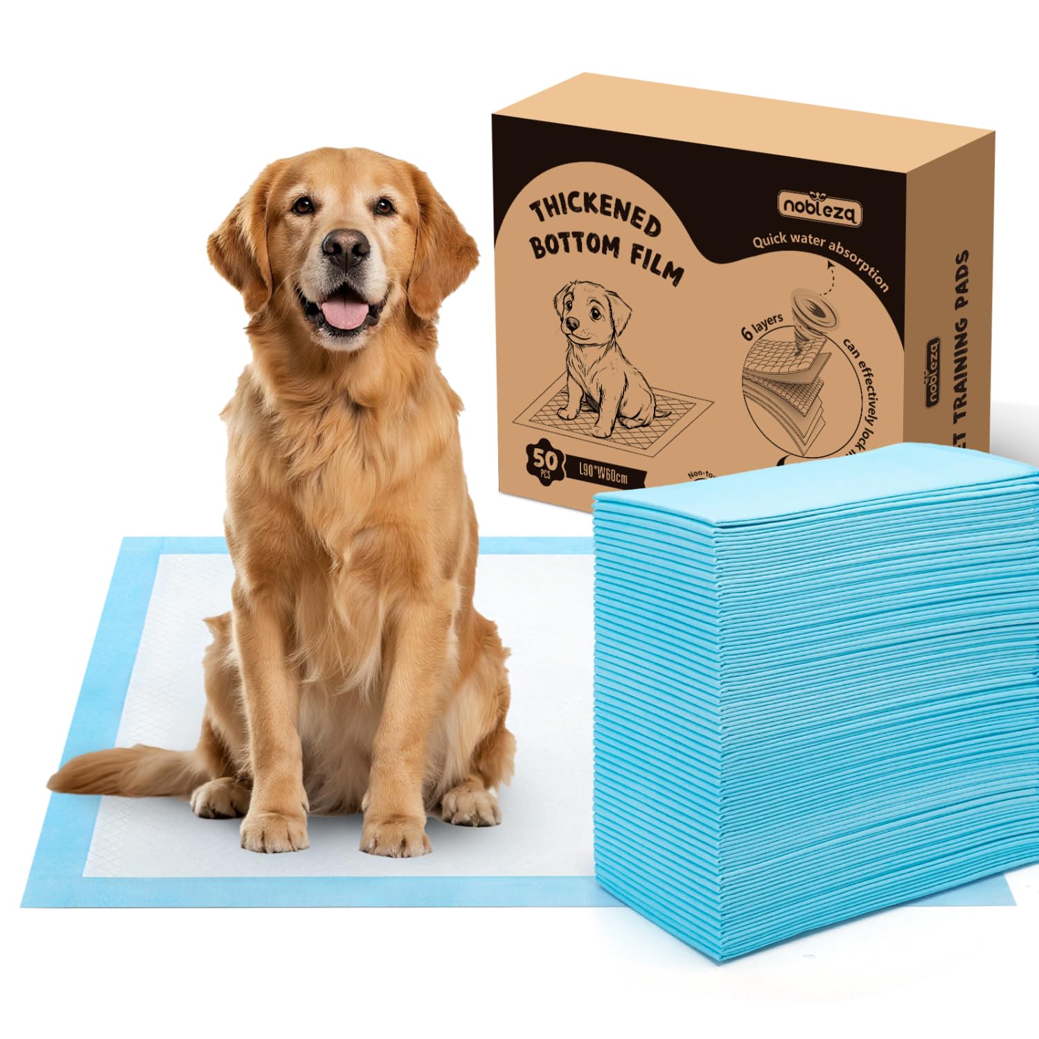 Nobleza Puppy Pads 50 Pack 90x60cm, Super Absorbent Pet Dog Puppy Training Pads Large, Leak-Proof 5 Layers Pet Pee Pad Mats, Dog Toilet Wee Pad, Disposable Incontinence Dogs Potty Training Mats