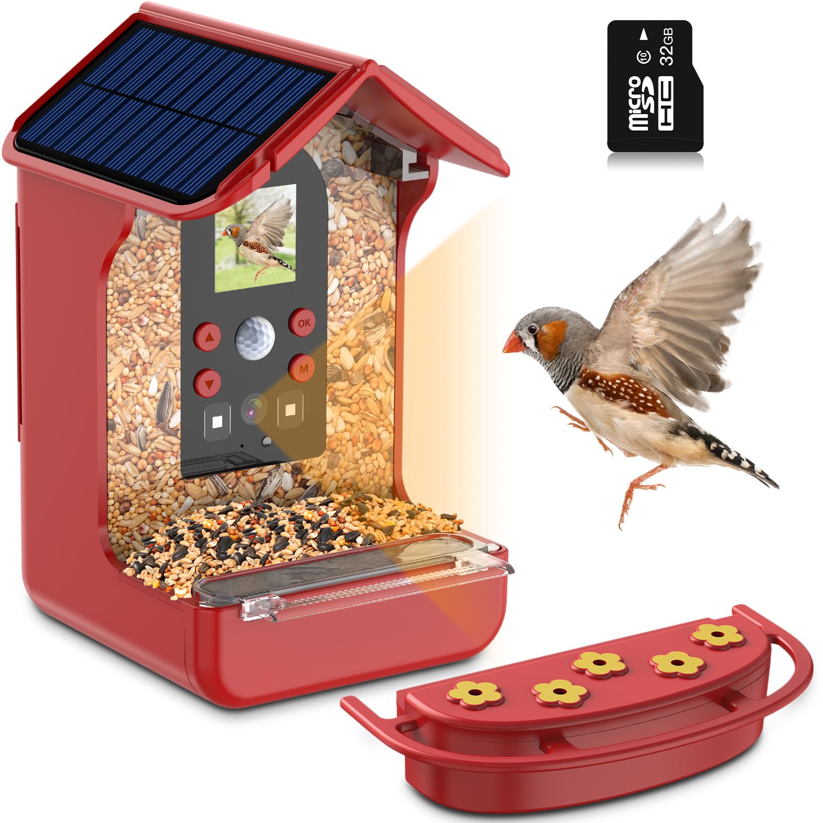 Cozion Comedero para Pájaros con Energía Solar, Comedero para Pájaros con Cámara de Jardín, Sensor Piroeléctrico por Infrarrojos PIR, Comedero para Pájaros, Comedero, Aves Silvestres (con Solar)