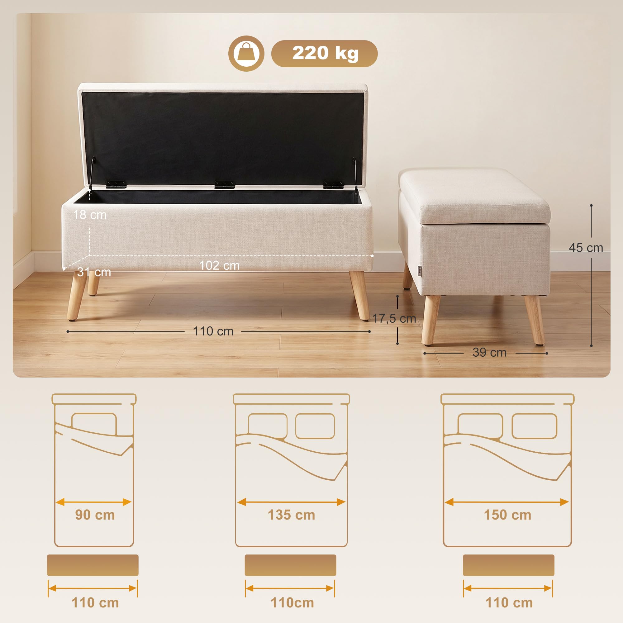HOMCOM Banc Coffre Rangement Rembourré 110 x 39 x 45 cm Beige | Banc de Lit, Aspect Lin, pour Chambre à Coucher, Salon, Entrée, Charge 220 Kg