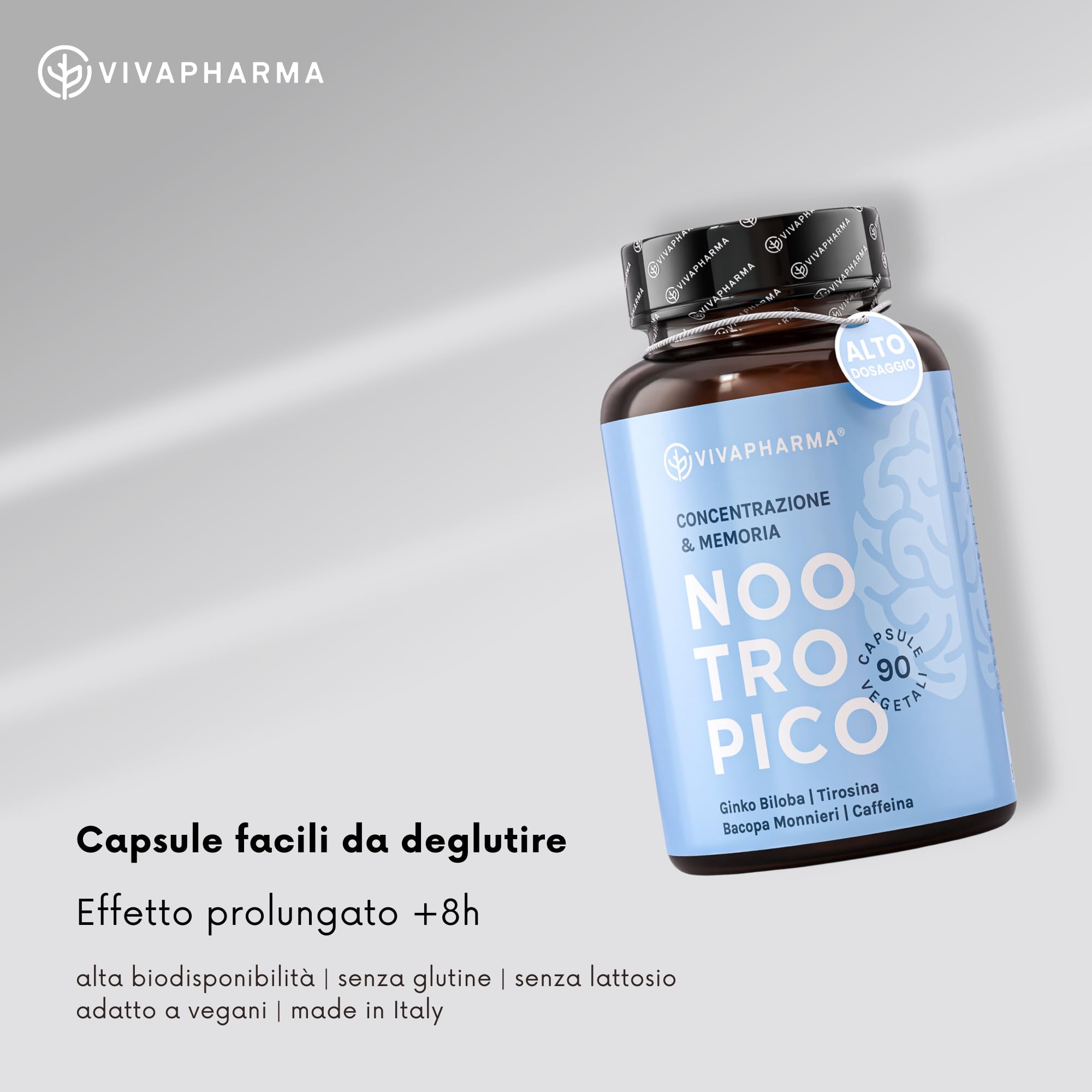 Nootropico Naturale - 90 capsule - con Ginkgo Biloba e Bacopa Monnieri - Integratore Memoria e Concentrazione - Made in Italy