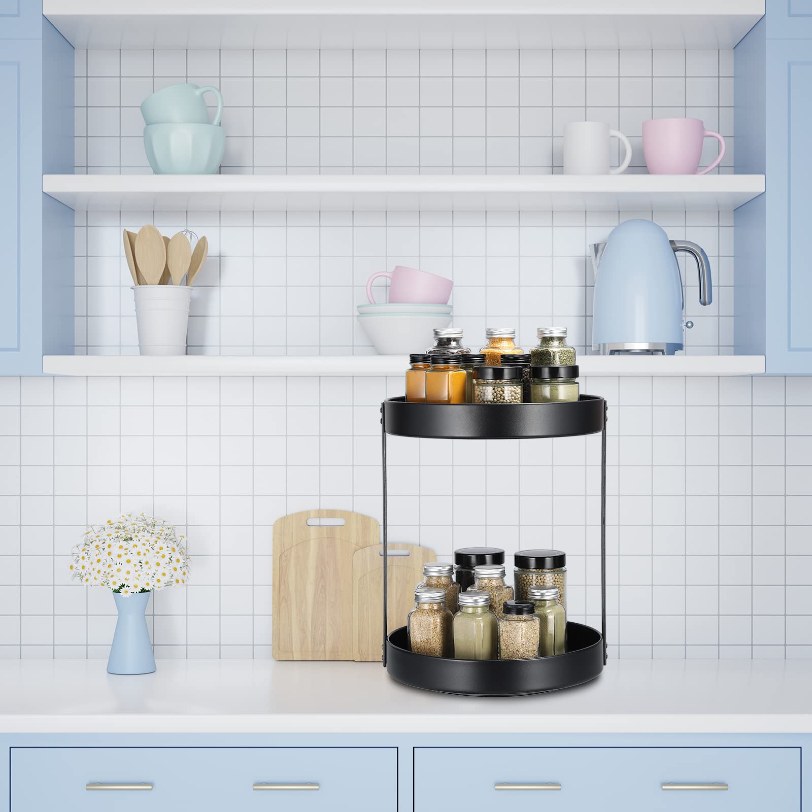 sourcing map Lazy Susan Organiseur 2 Niveau Plateau Tournant Rotatif Noir