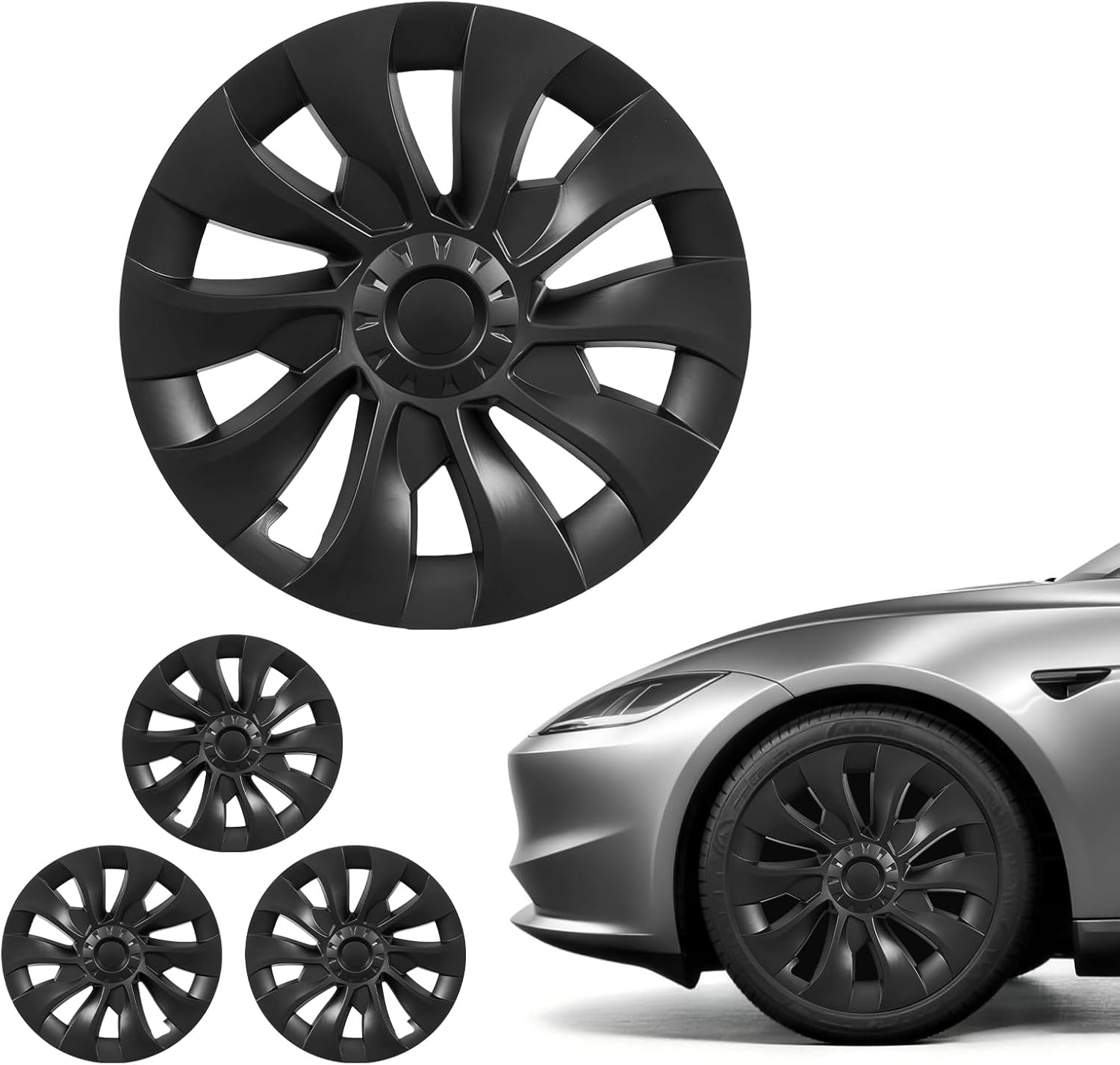 VEVOR Hubcaps Wheel Covers for 2017-2023 Tesla Model 3, 18 Inch Set of 4 Wheel Rim Cover Hubcaps OEM Style Replacement, R18 Size Snap On Car Hub Caps, Premium 10-Spoke ABS Tire Rim Caps, Matte Black