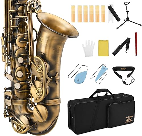 Saxofón de bronce Eastar profesional Eb plano, kit completo para estudiantes principiantes con estuche de transporte, correas de boquilla, soporte