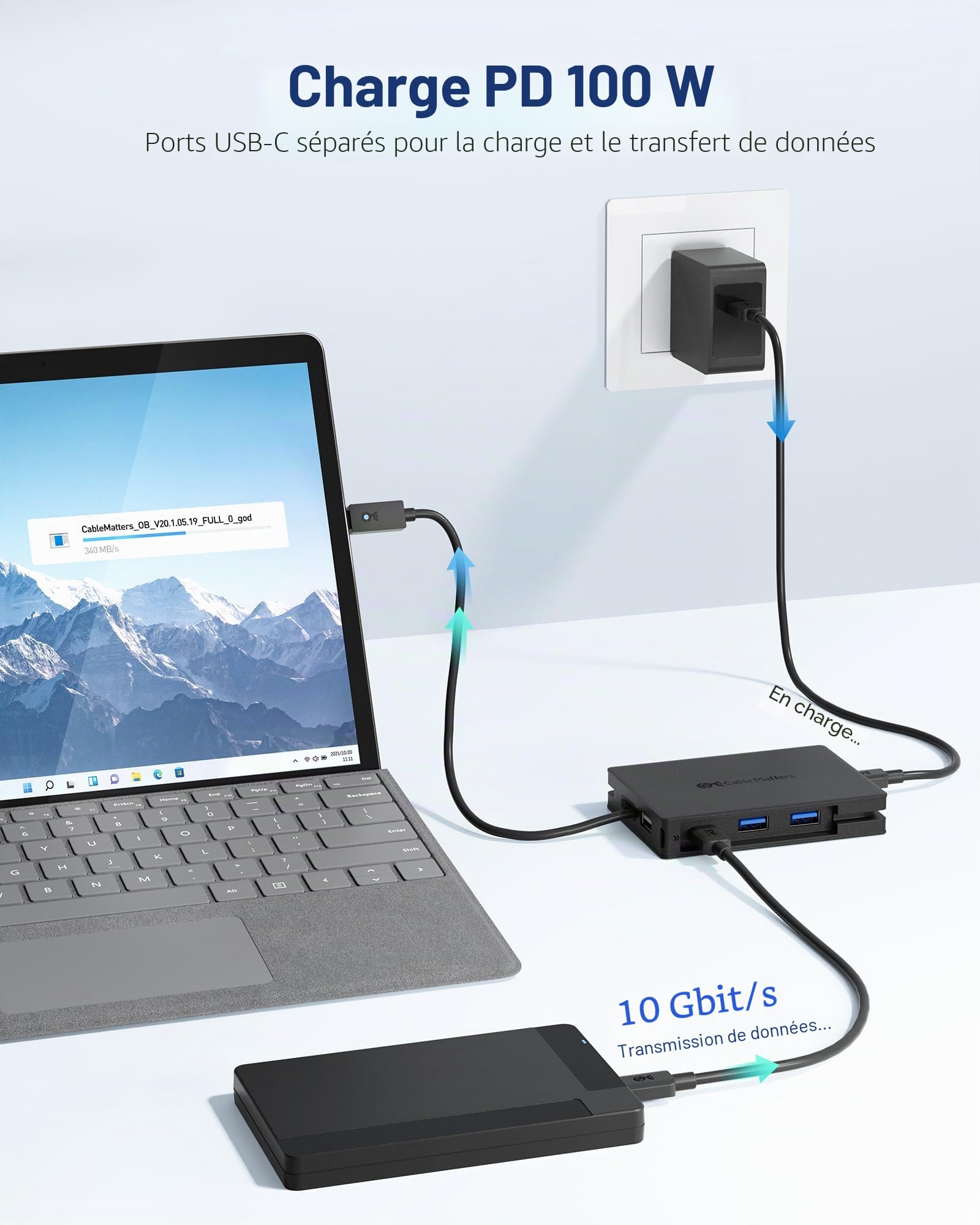 Cable Matters Hub USB4 Portable 8-en-1, 40 Gbit/s | DP unique 8K@60Hz ou double DP 4K@60Hz, dock USB4 compatible Thunderbolt 4, PD 100 W et Ethernet Gigabit