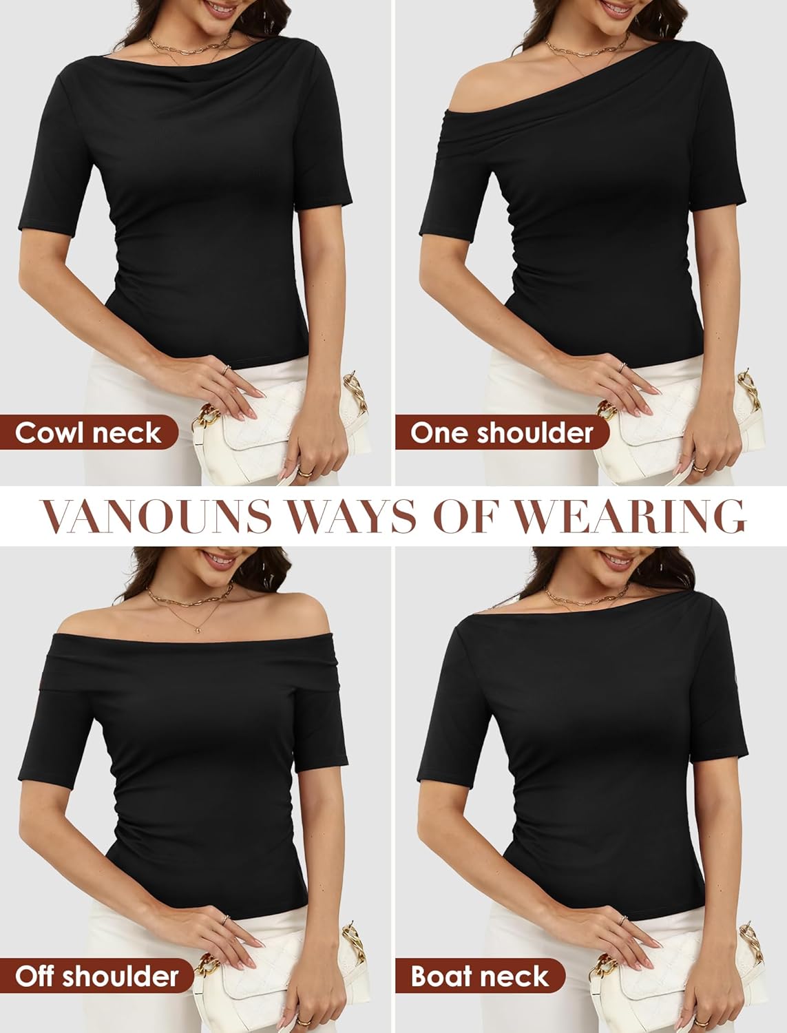 Women Boat Neck Tops Short Sleeve T-Shirts Slim Fitted Basic Tees Shirts 2025 Fashion Dressy Tops Black - Image 5