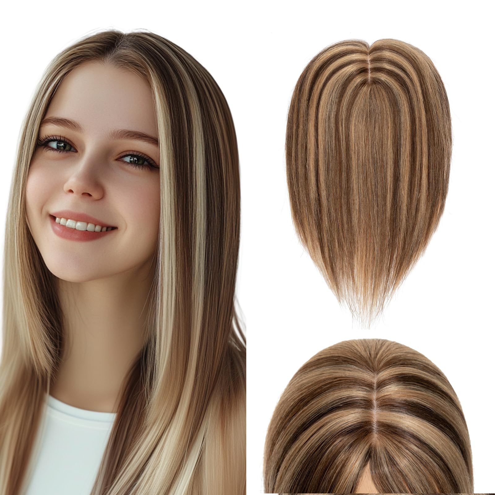 Elailite Volumateur Capillaire Femme Naturel a Clip Cheveux Naturel Toupet Humain (Base 10cm*12cm) 15cm 27g #4+27 MARRON CHOCOLAT MECHE BLOND FONCE