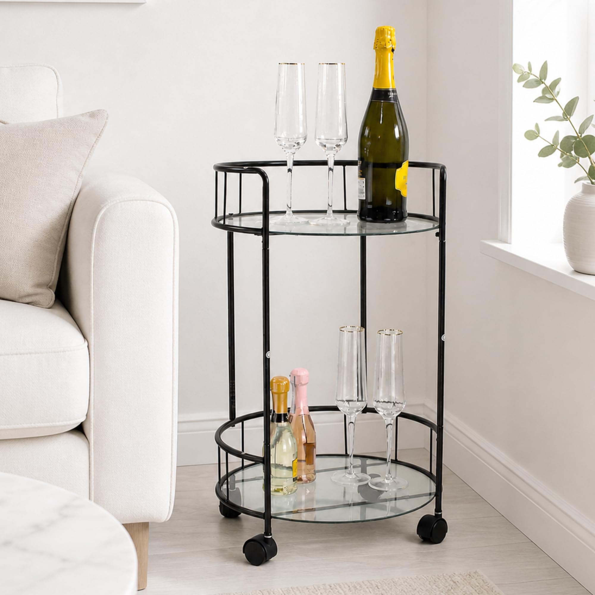 Dylex 2 Tier Black Drinks Trolley Bar Serving Cart on Wheels With Two Glass Shelves Drinks Storage Trolley