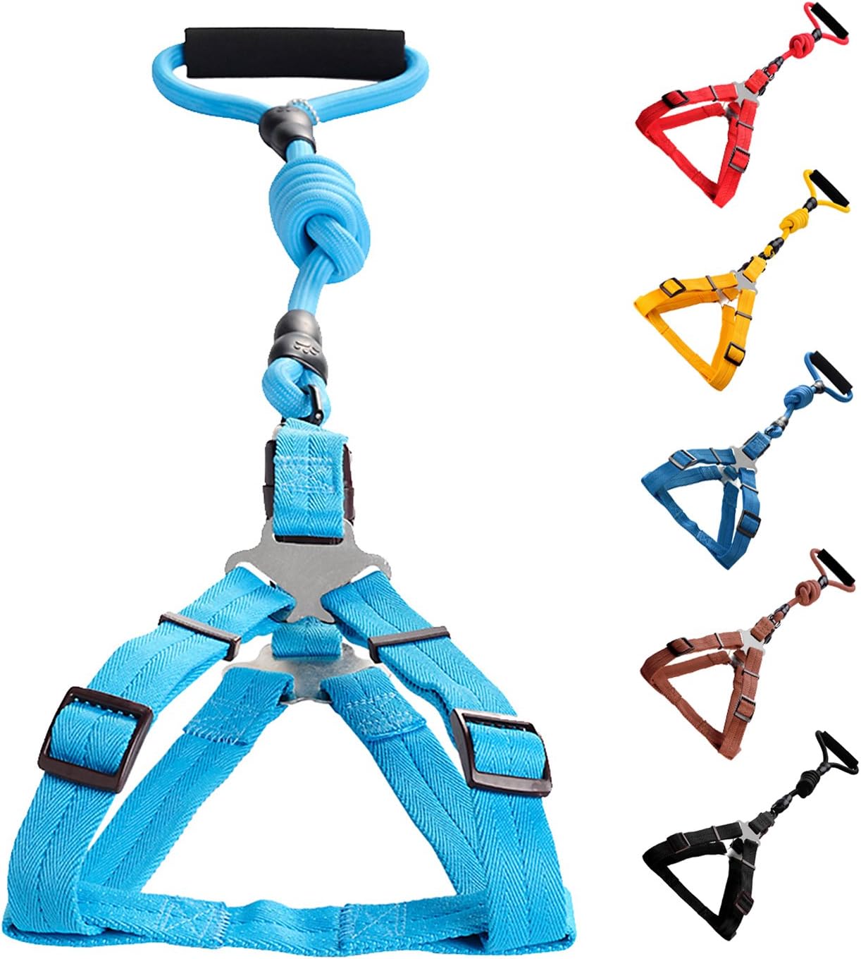 Vicform Dog Harness & Leash Set: Heavy Duty Poly/Nylon Straps/Anti-Twist Leash on Spin Clasp- Durable Braid Leash/Comfort Foam Handle/Bright Colors, Medium,Sky Blue