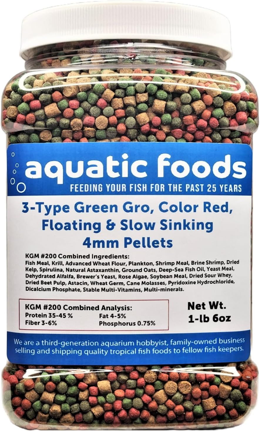 Aquatic Foods Inc. 3-Type Blend of 4mm Floating Green GRO & Color Red Floating Pellets & 40% Protein Slow Sinking 4mm Pellets for All Tropicals & Pond Fish. KGM-200…3-lb 6oz Lg Jar