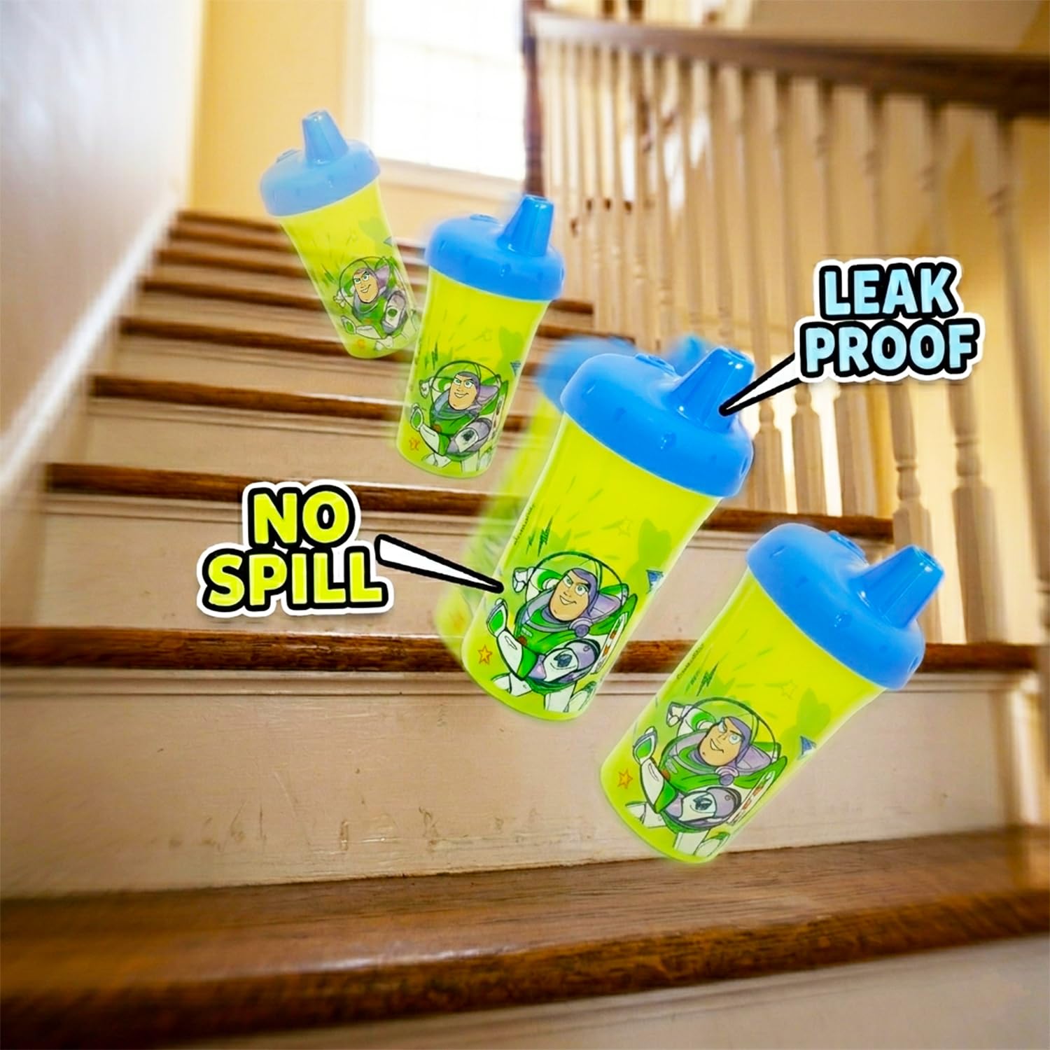 Disney Toy Story - Juego de vasos para beber Pixar de 9 onzas, paquete de 3 vasos a prueba de derrames, a prueba de fugas, sin BPA, vasos para beber más calcomanías para niños