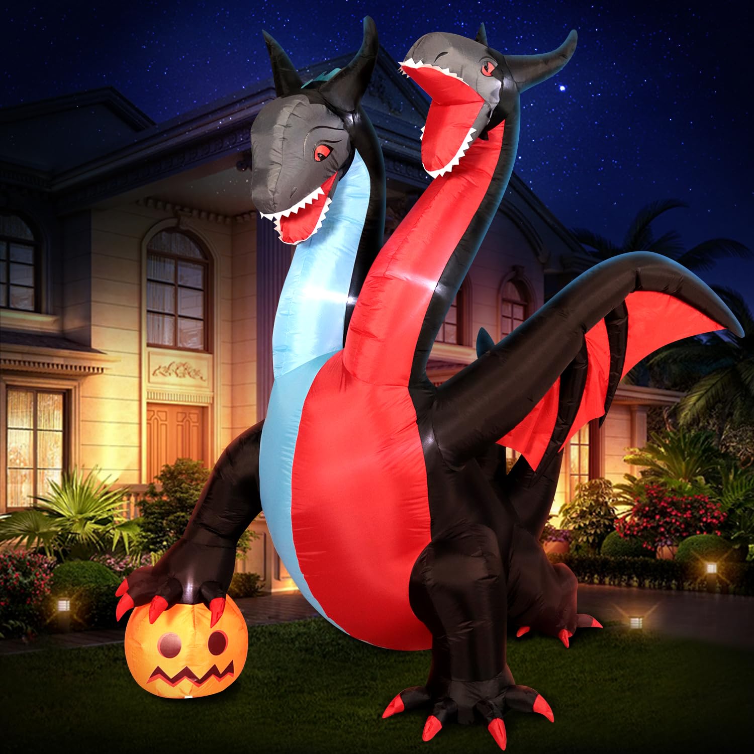 DomKom 8 FT Tall Halloween Inflatables Outdoor Decorations, Giant Fire and Ice Two-Headed Dragon with Pumpkin, LED Lights Holiday Blow Up for Halloween Party Garden Yard Lawn Décor