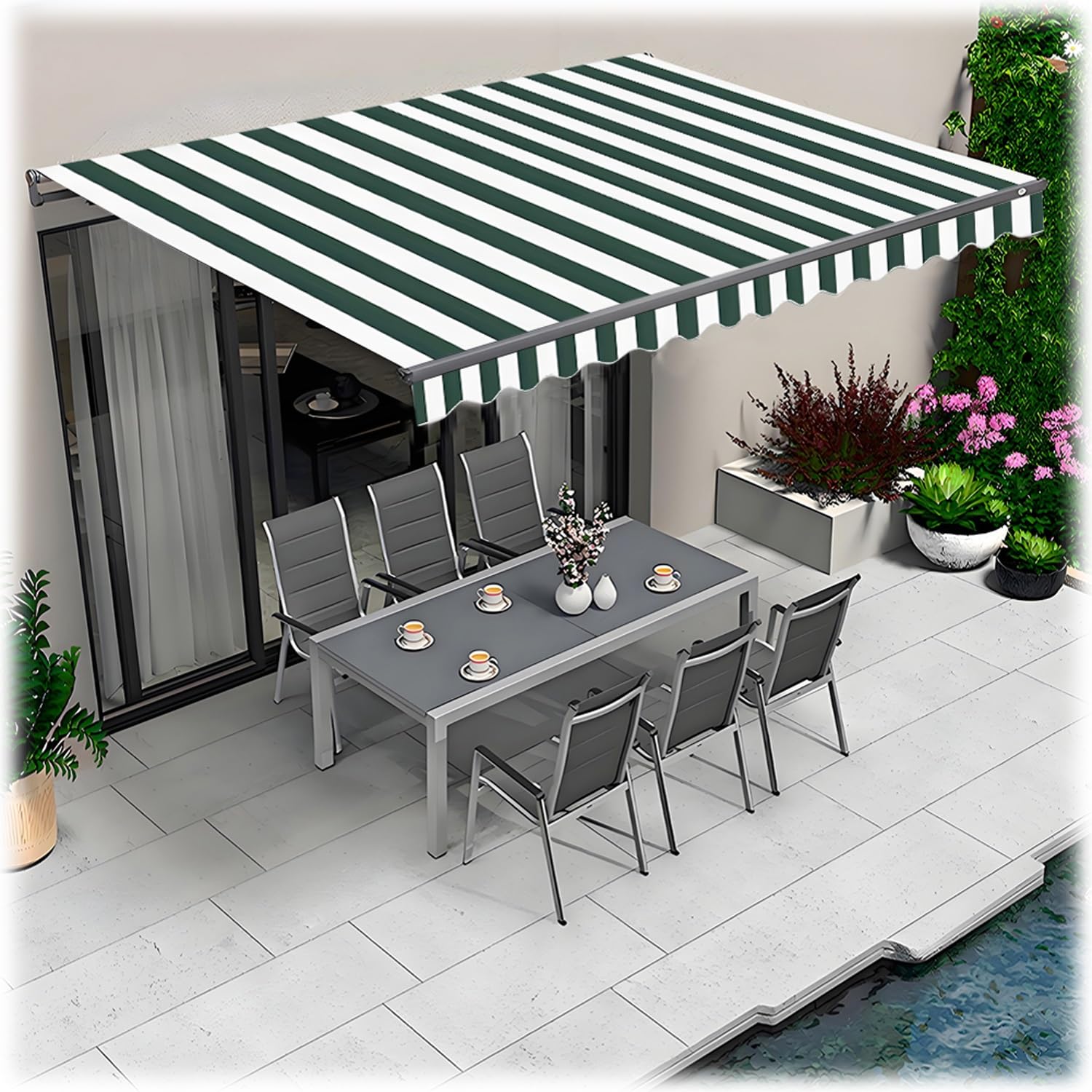 Toldo de poliéster de repuesto verde oscuro para crear un comedor fresco en la terraza