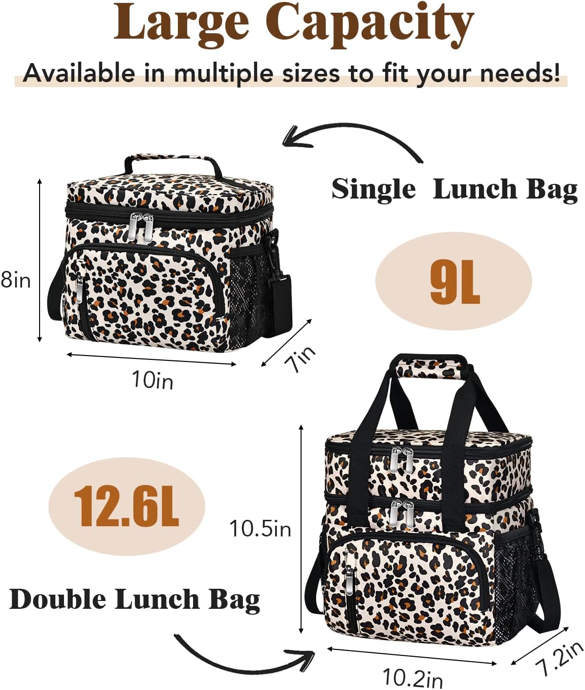 Insulated Lunch Bag for Women, Double Leakproof Lunch Box Soft Cooler Tote with 5 Pockets, 600D Oxford, EVA Lining, Adjustable Strap for Work, Picnic, Beach&Travel-Leopard Print - Image 4
