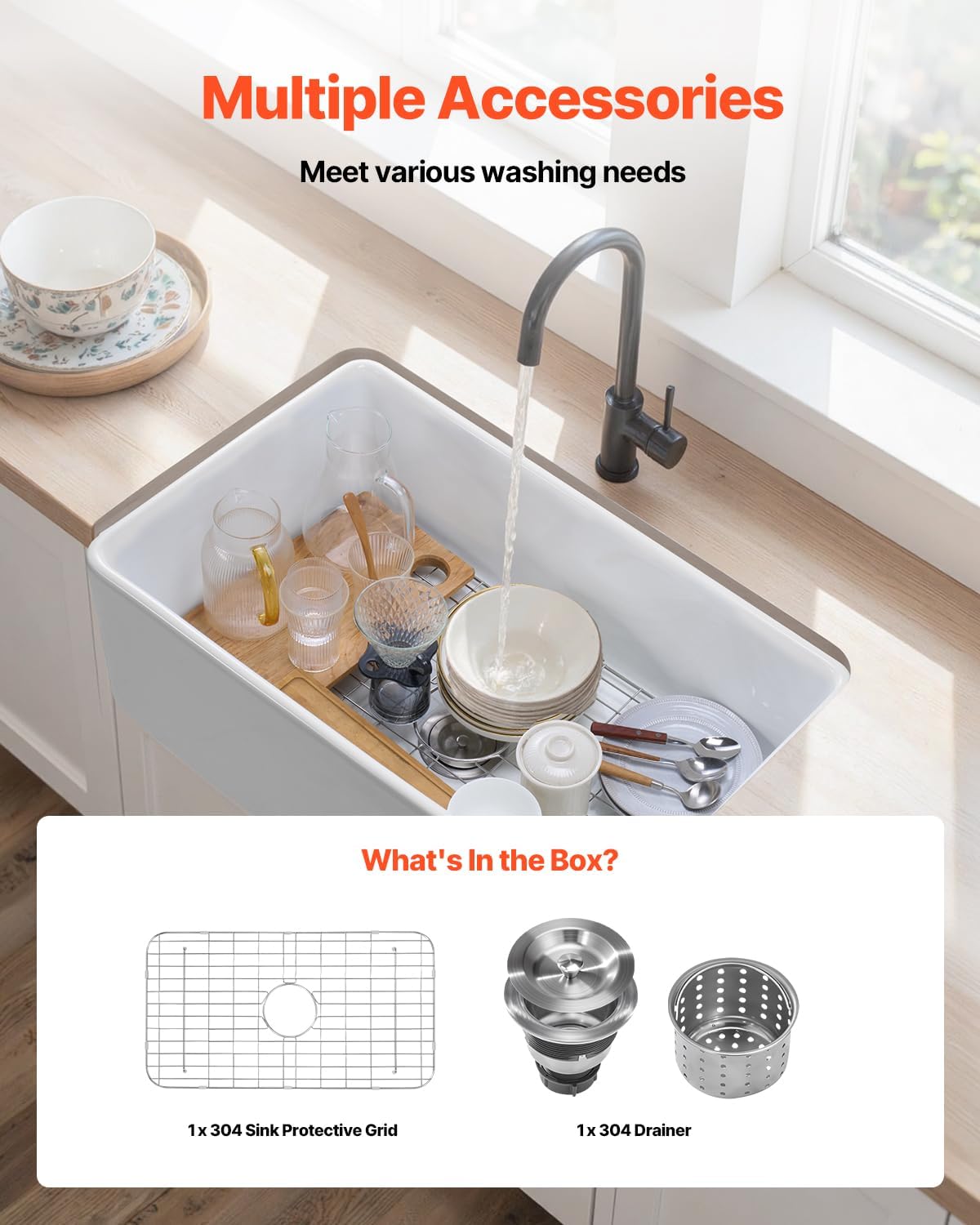 VEVOR 33x20 inch Farmhouse Sink, White Sink Workstation, Fireclay Undermount Basins, Apron Front Single Bowl Basin with Multiple Accessories, Large Capacity Household Dishwasher Sinks for Kitchen