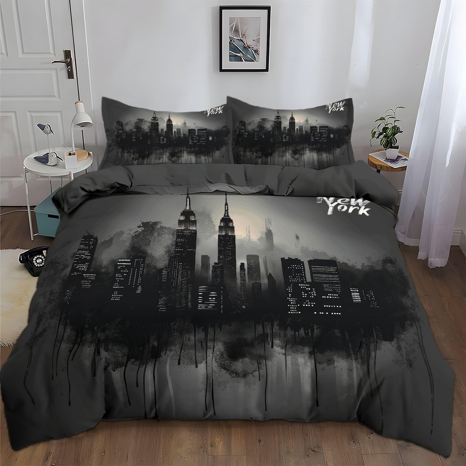CozyRest Black And White New York Skyline Art Bedding Double Duvet Covers with Pillowcase, All-Season Quilt Cover Ultra Soft Comfy Dark Gray Bedding for Child Hypoallergenic Duvet Covers Set Teenager