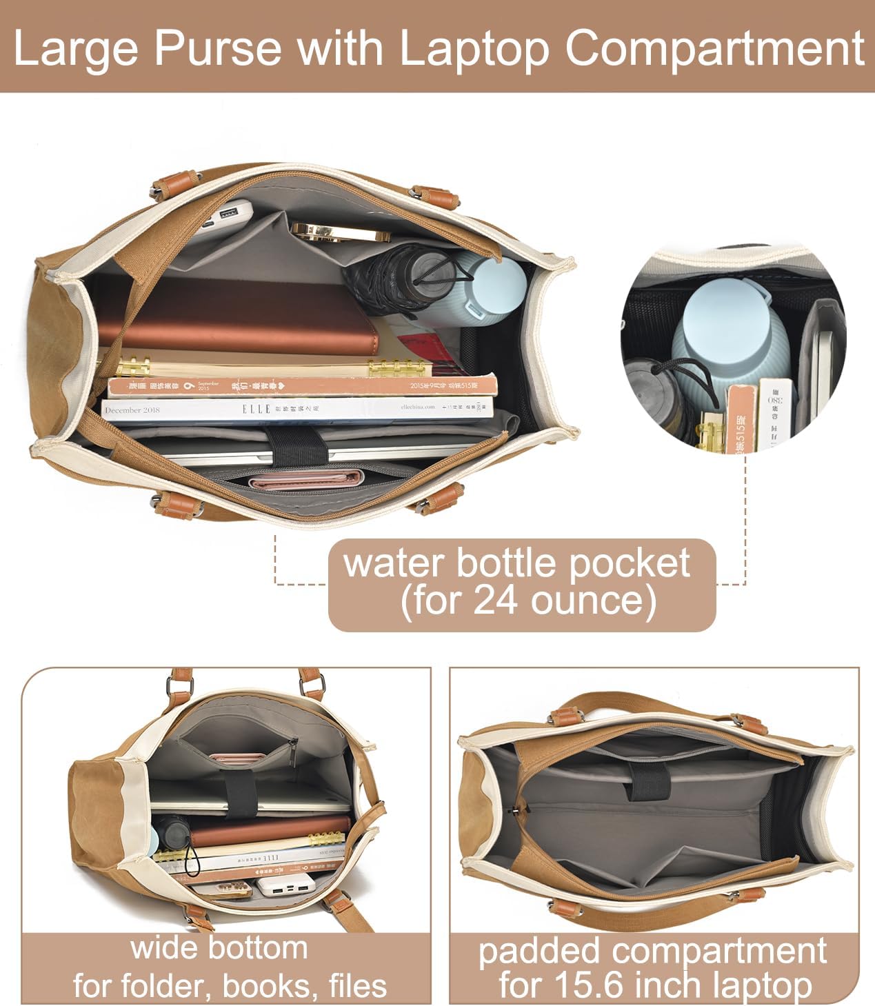 Barsine Women Laptop Tote Bag for Work Lightweight 15.6 Inch Canvas Two-Tone Satchel Handbag Purse - Image 4