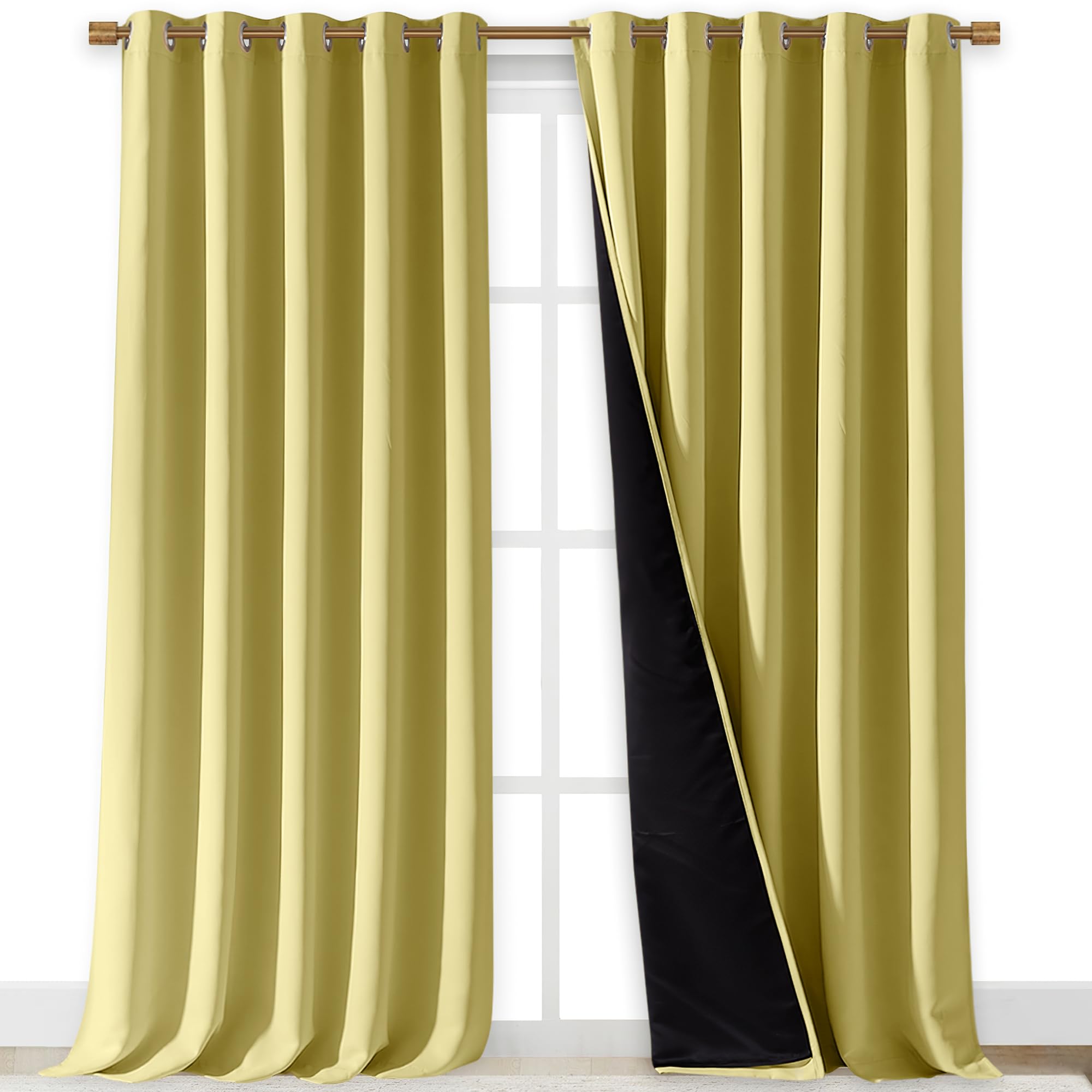 NICETOWN 100% Blackout Blinds, Laundry Room Decor Window Treatment Curtains for Large Patio Sliding Door, Thermal Insulated Paler Yellow Curtains for Bedroom, Set of 2, 70 inches x 108 inches