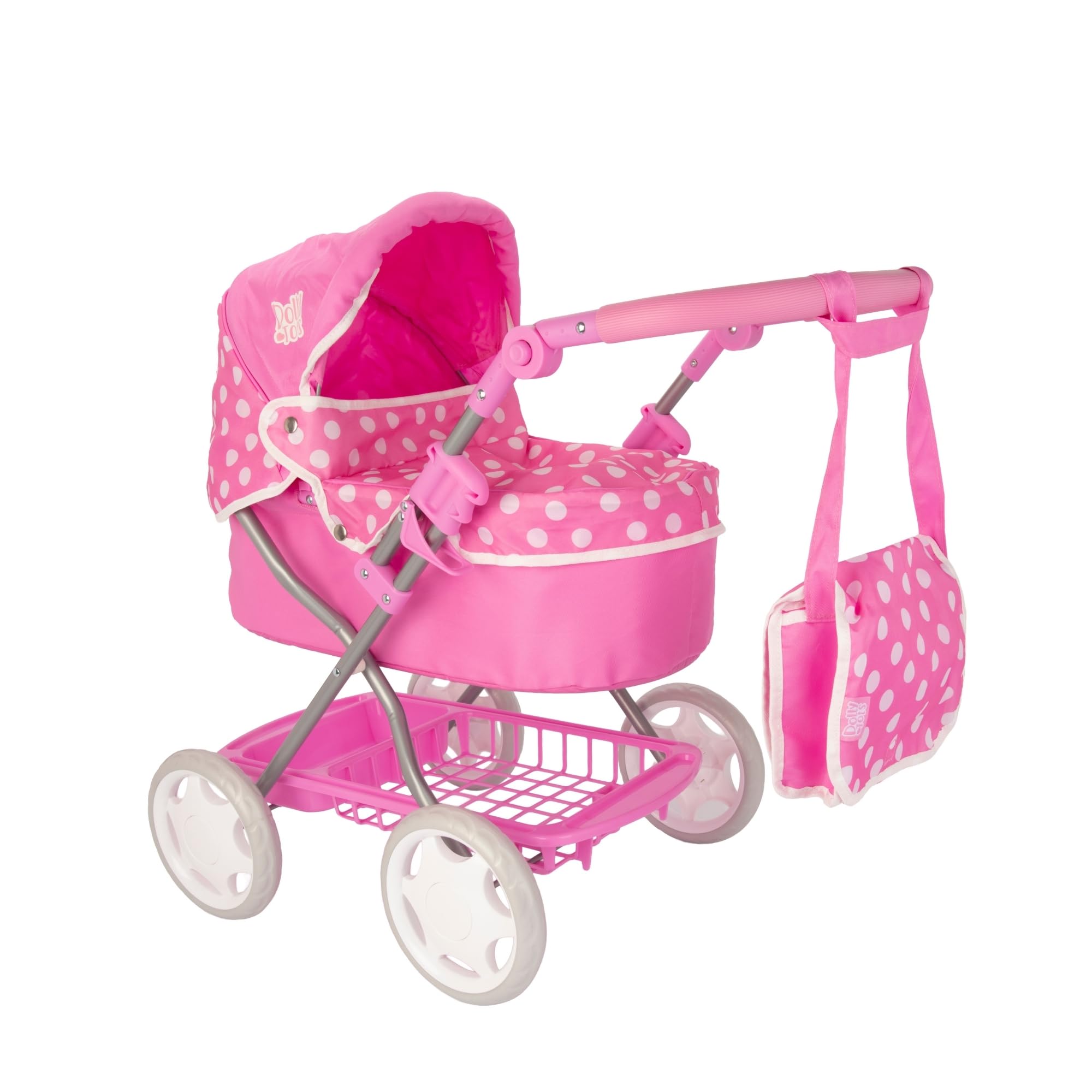 Dolly Tots Cherish Doll's Pram, Pink & White, Adjustable Handle & Hood, Flat Folding Design, Includes Matching Changing Bag, Removable Cover & Under Seat Storage Space, Toys