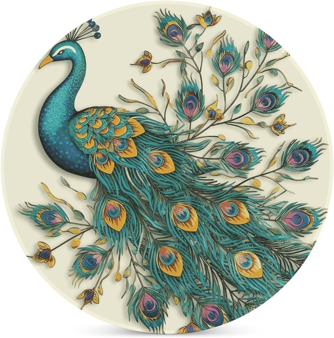Peacock Pattern Coaster with Cork Base Drink Coasters for Coffee Table Decor Modern Cup Coasters with Non-Slip & Heat-Resistant Cute Ceramic Table Coaster for Home Dining