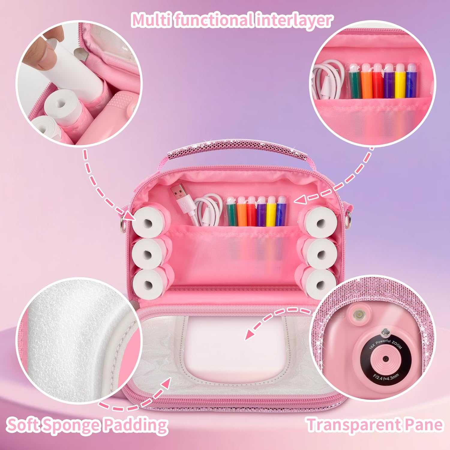 Kid Instant Print Camera Case Compatible with Dylanto/ for Cimizi/ for DUDUDRAGON/ for Gofunly/ for Anchioo Digital Camera, Portable Shining Bag with 3 Photo Paper & Shoulder Strap (Box Only) - Pink - Image 6