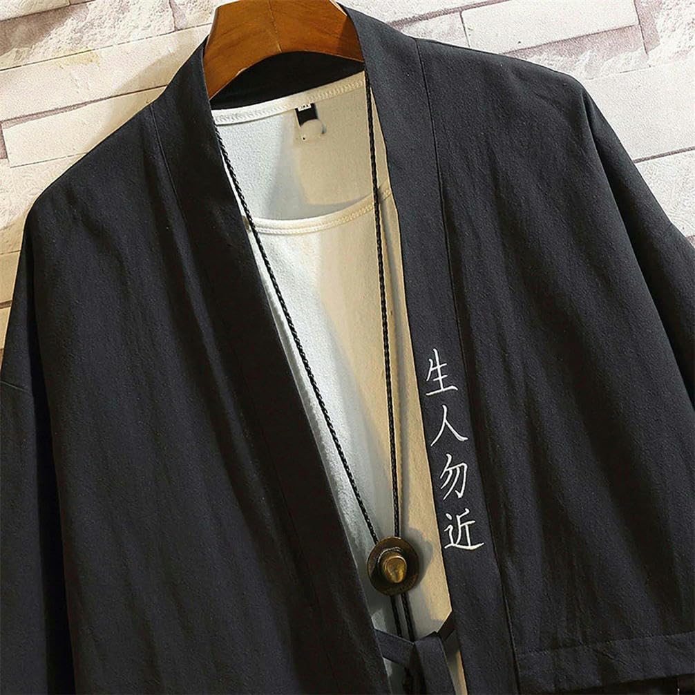 Men's Hip-hop mid-Sleeved Shirt Embroidered Chinese Shirt Cardigan V-Neck Street with Pocket tie Tassel Design top