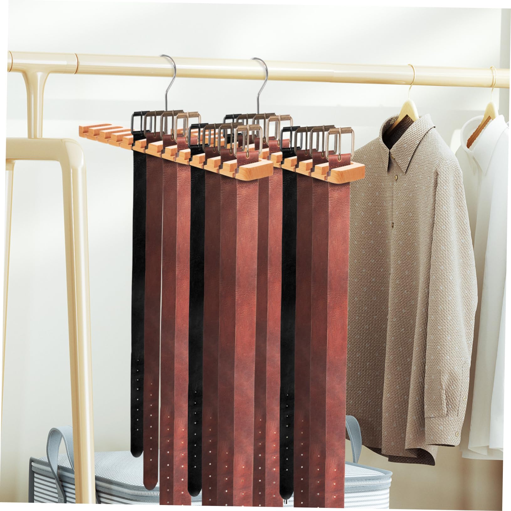 2 organizadores de almacenamiento de cinturón para armario, soporte de cinturón y colgador de exhibición para ropa, sombreros y accesorios, madera beige