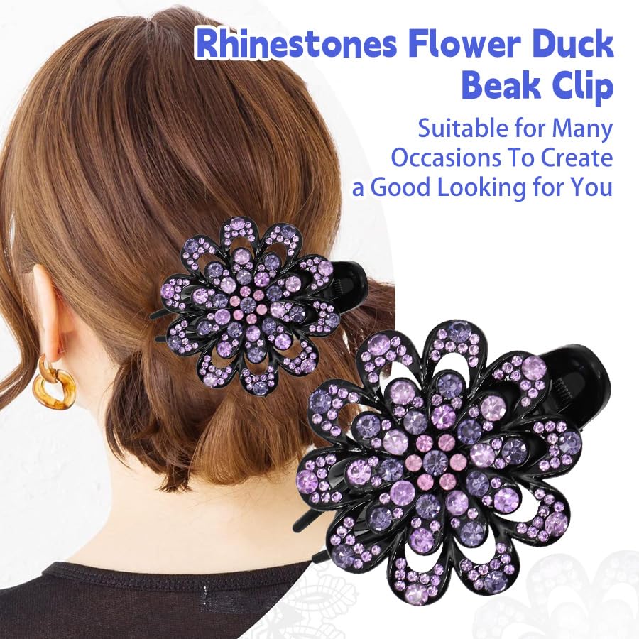 Shimmering Crystal & Rhinestone Flower Hair Clips - 3 PC Vintage Duckbill and Ponytail Clip Set, Elegant Barrettes Hair Accessories for Women
