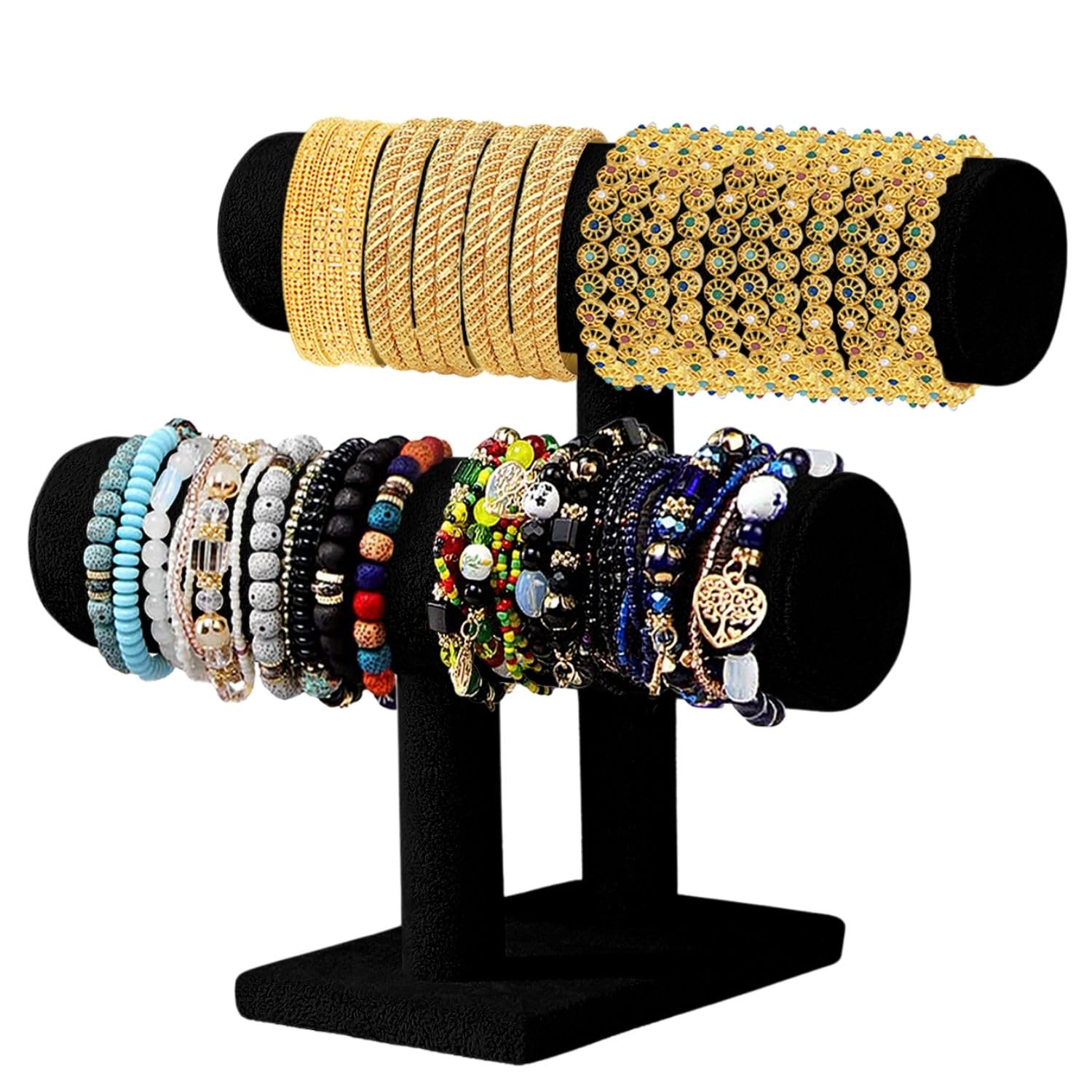 Flexzion Black Velvet Hovering 2 Tier T-bar Jewelry Stand Display Storage Store Rack - Removable Necklace Bracelet Earring Bangle Pendants Anklet Tower Watch Key Holder Organizer For Women Men Girl