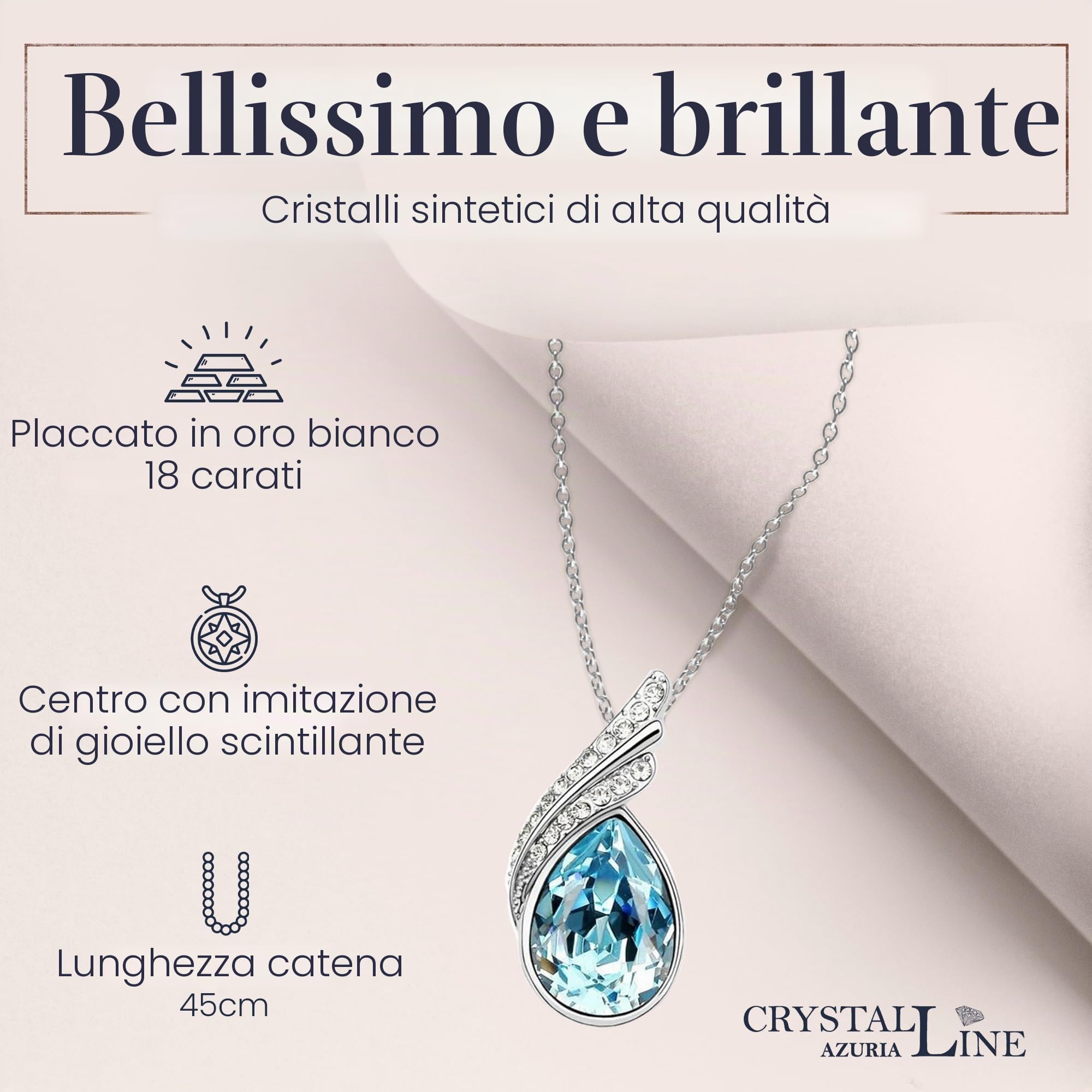 Crystalline Azuria Donna 18ct Placcato Oro Bianco Lacrima Cristalli Blu Acquamarina simulato Parure Collana con Ciondolo 45 cm Orecchini